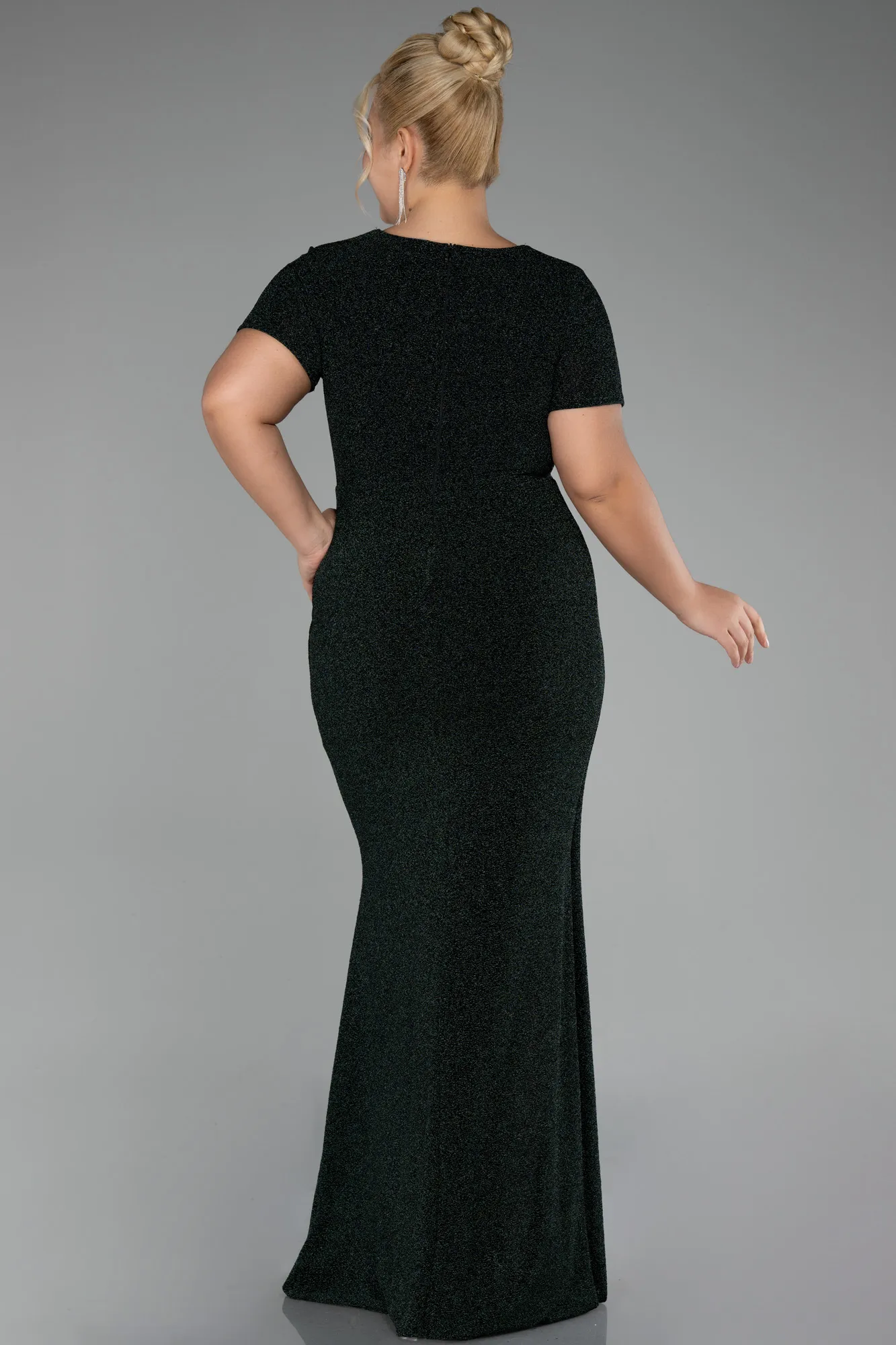 Emerald Green-Short Sleeve Long Silvery Plus Size Evening Dress ABU4101