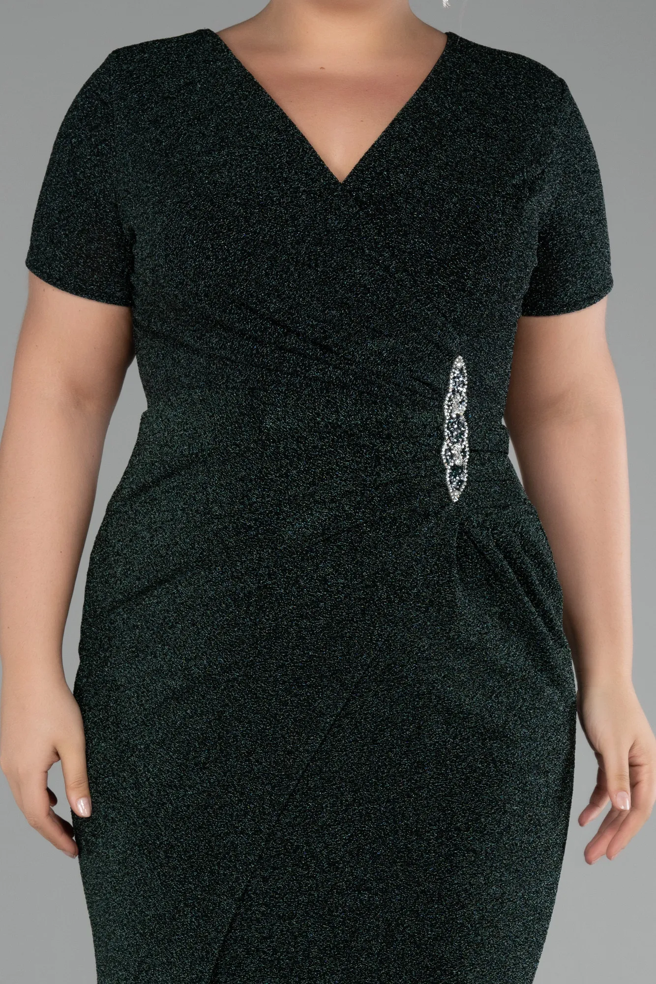 Emerald Green-Short Sleeve Long Silvery Plus Size Evening Dress ABU4101