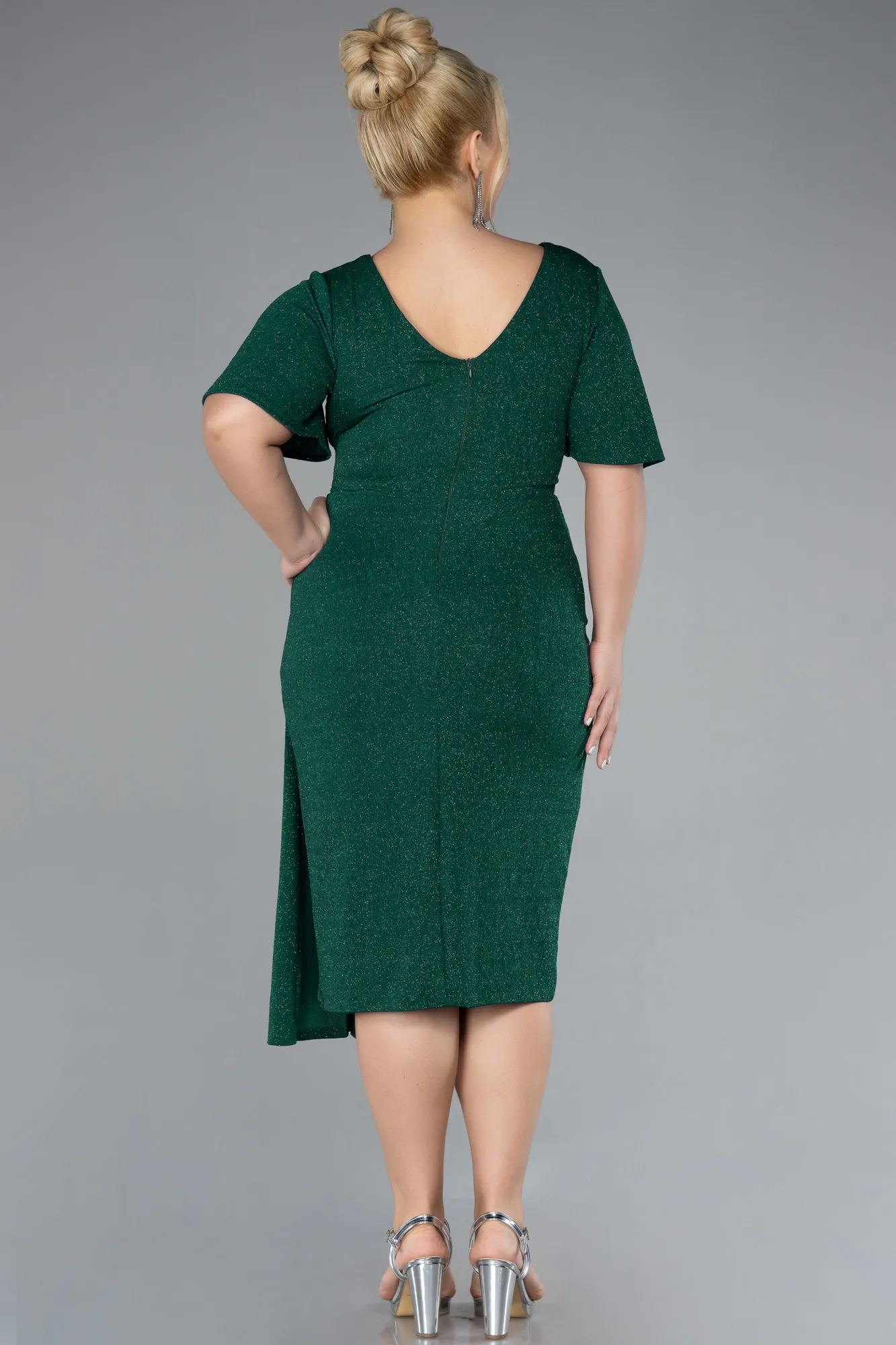 Emerald Green-Short Sleeve Midi Glittery Plus Size Cocktail Dress ABK2146