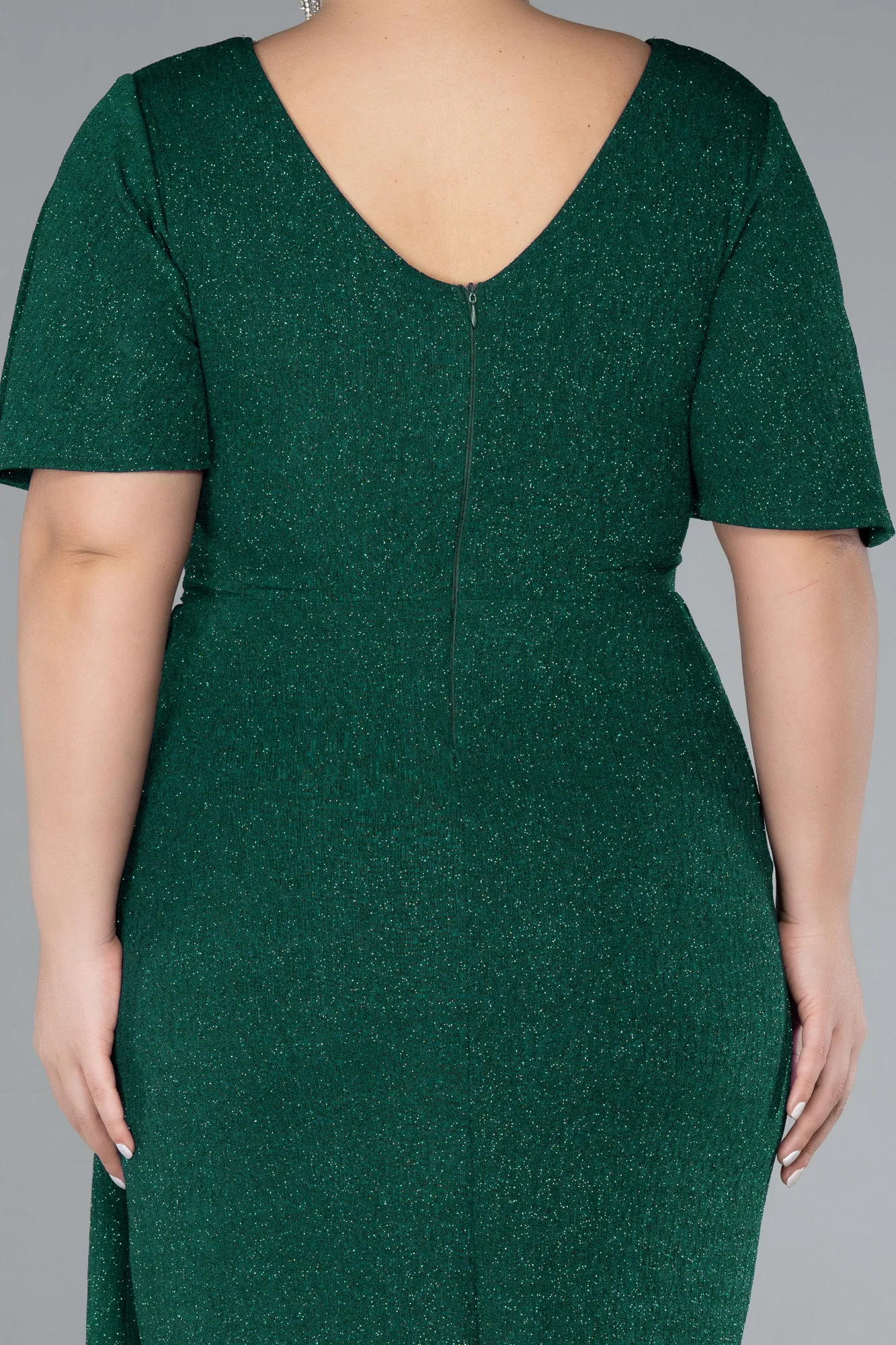 Emerald Green-Short Sleeve Midi Glittery Plus Size Cocktail Dress ABK2146