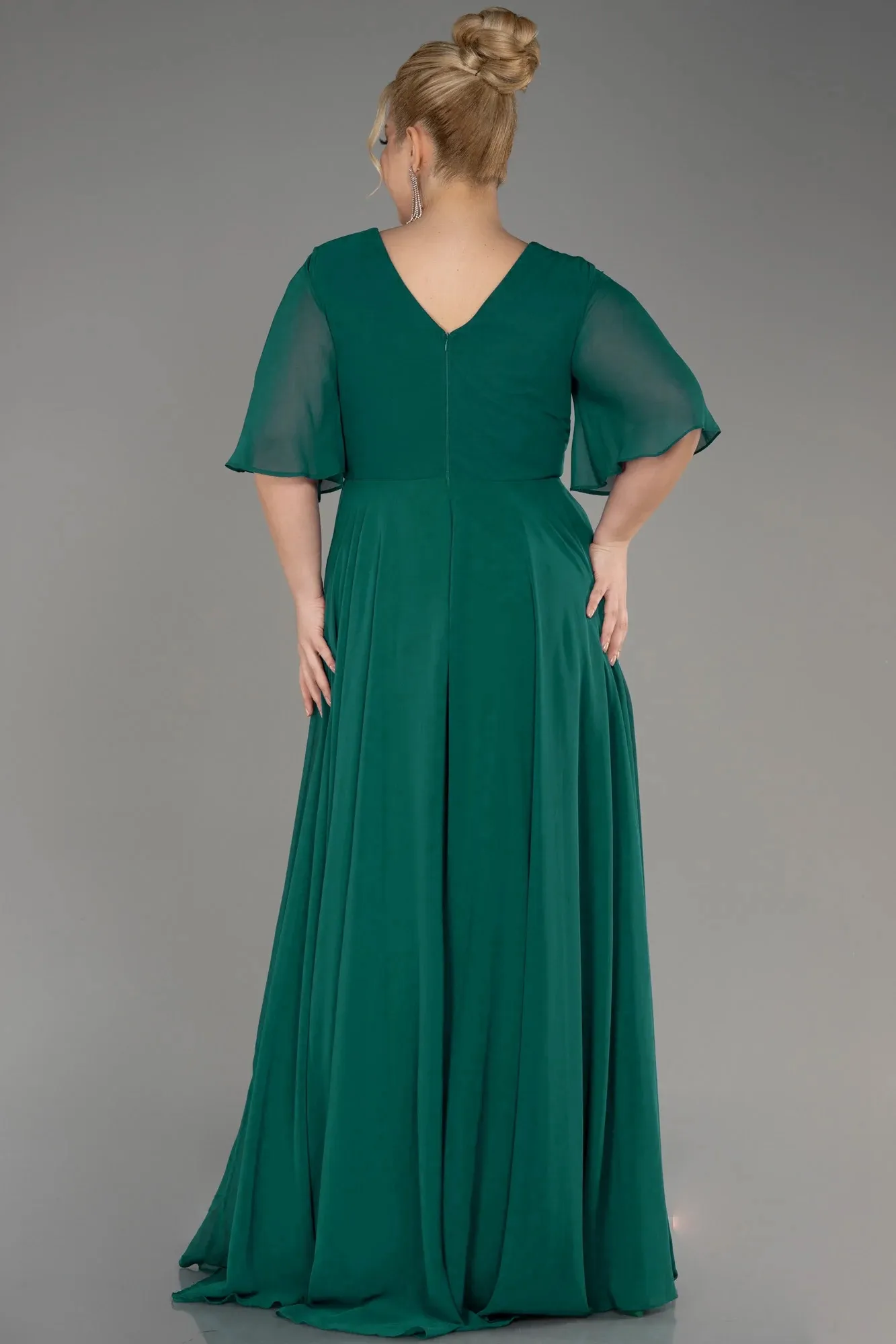 Emerald Green-Short Sleeve Plus Size Long Chiffon Evening Dress ABU3991