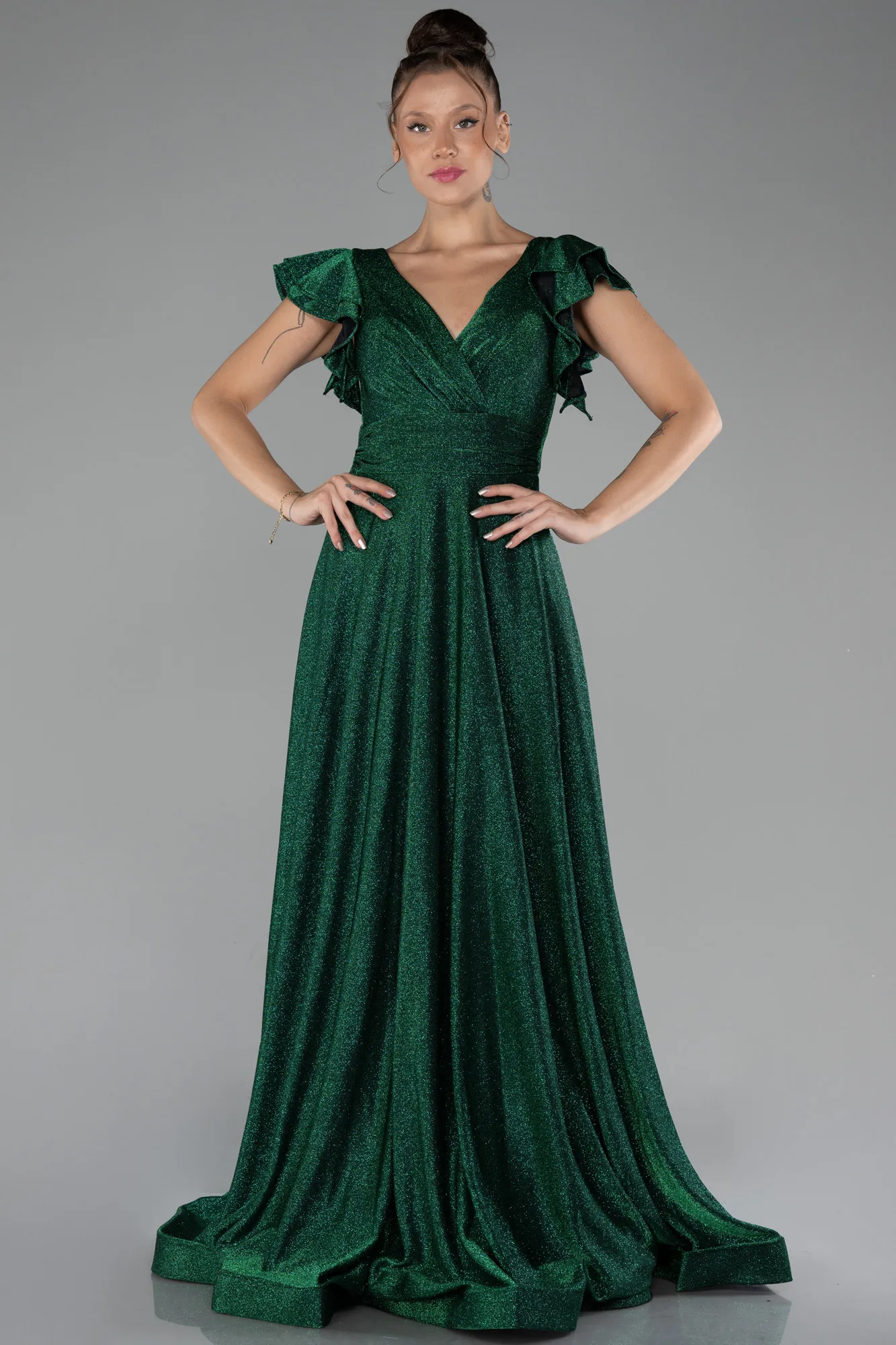 Emerald Green-Short Sleeve Silvery Long Evening Dress ABU4301