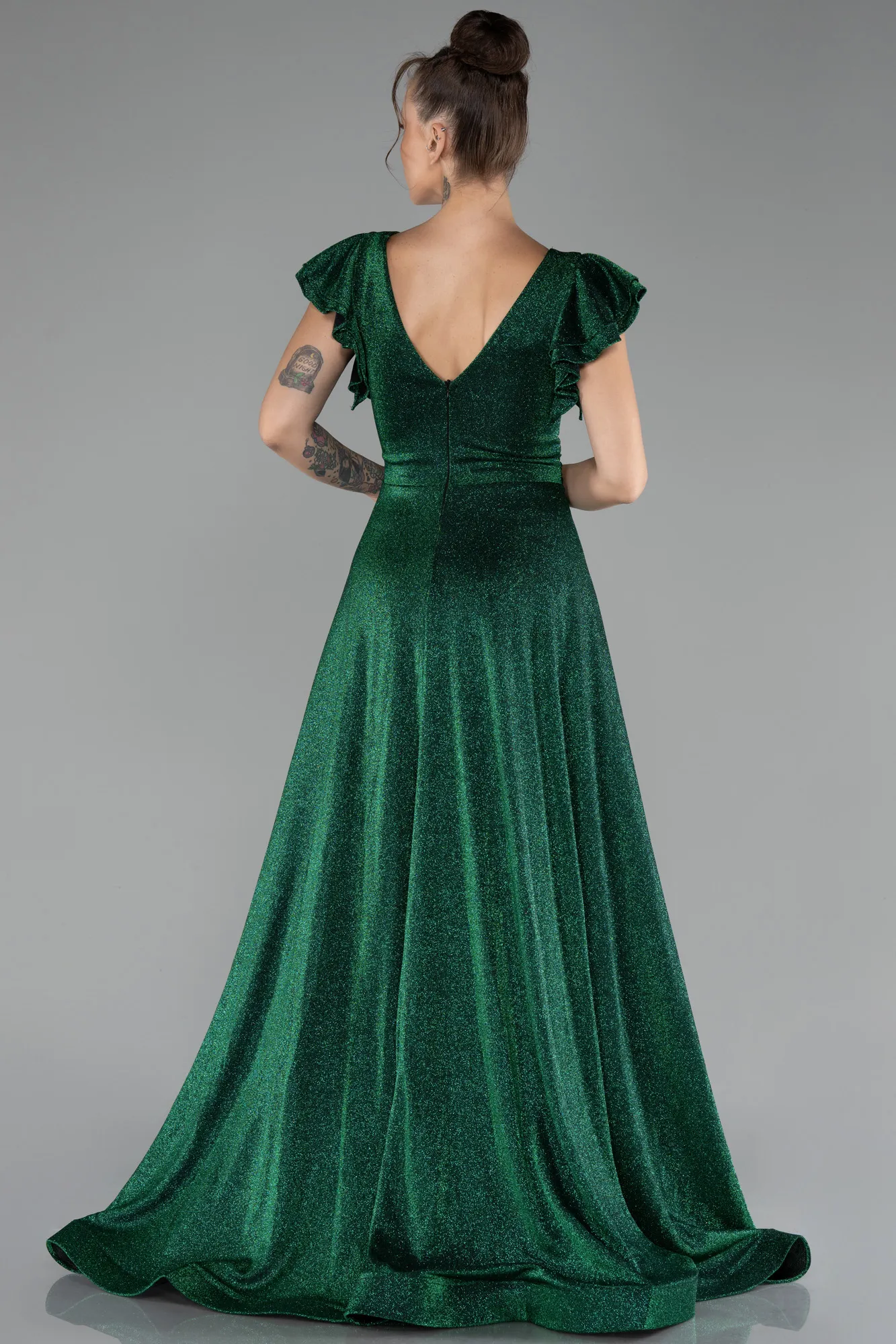 Emerald Green-Short Sleeve Silvery Long Evening Dress ABU4301