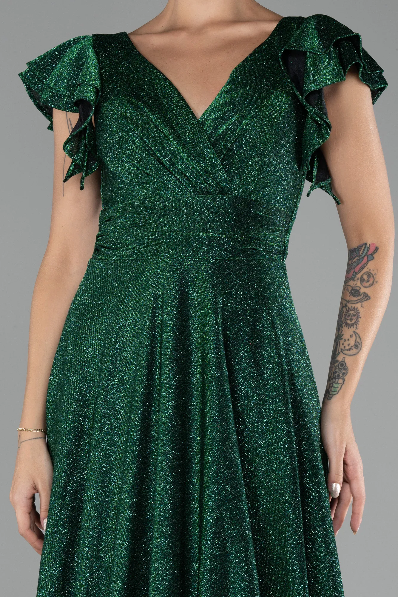 Emerald Green-Short Sleeve Silvery Long Evening Dress ABU4301