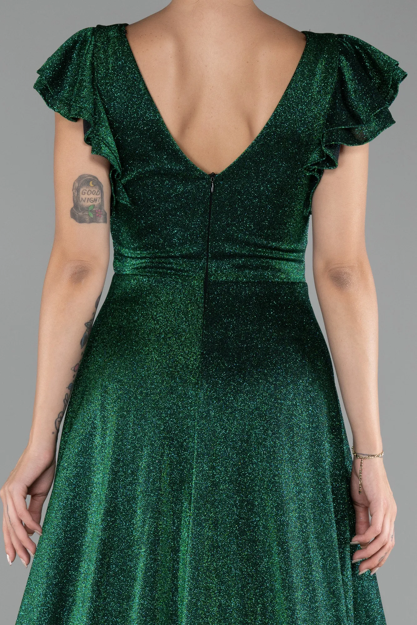 Emerald Green-Short Sleeve Silvery Long Evening Dress ABU4301