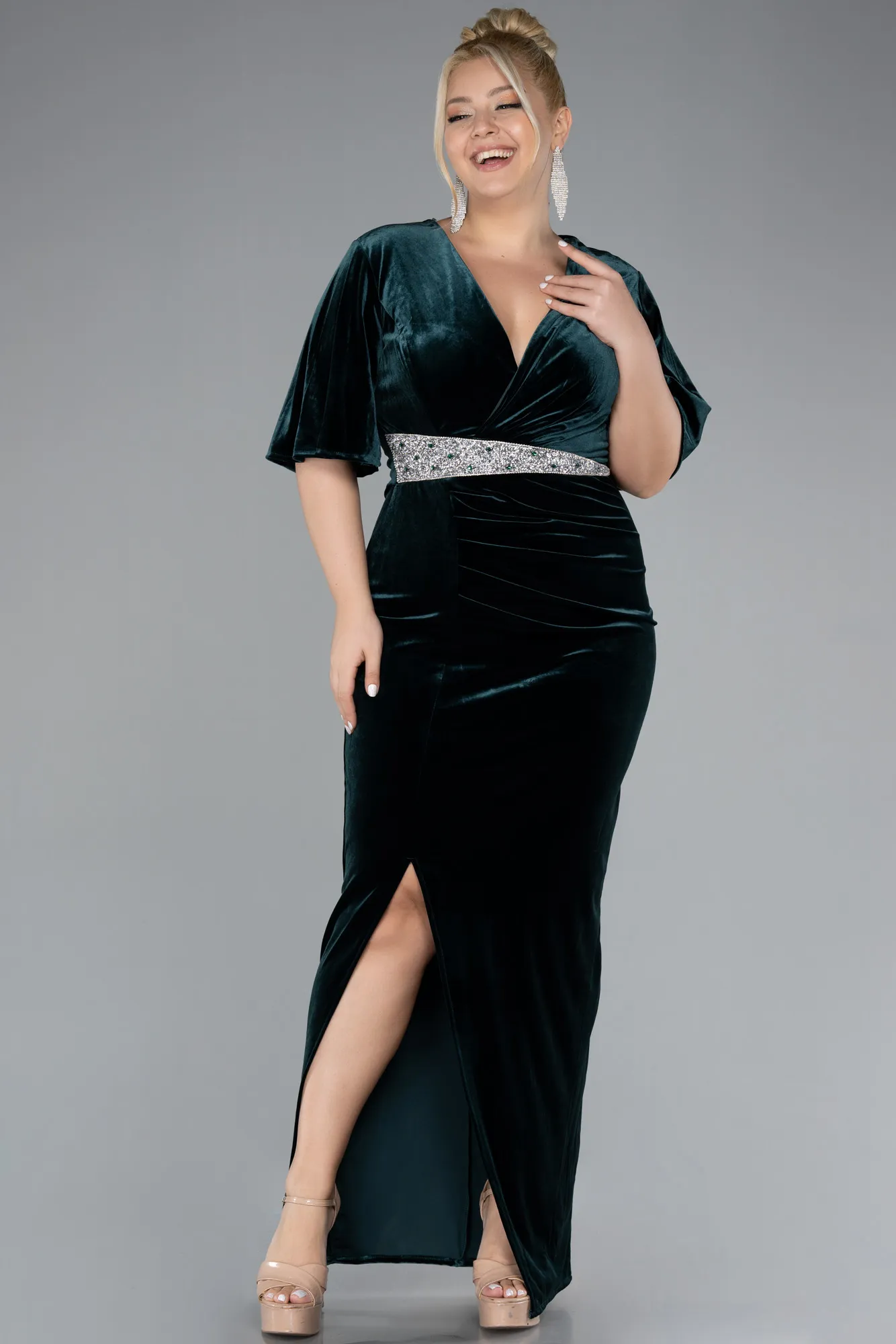 Emerald Green-Short Sleeve Slit Long Velvet Plus Size Evening Dress ABU4316