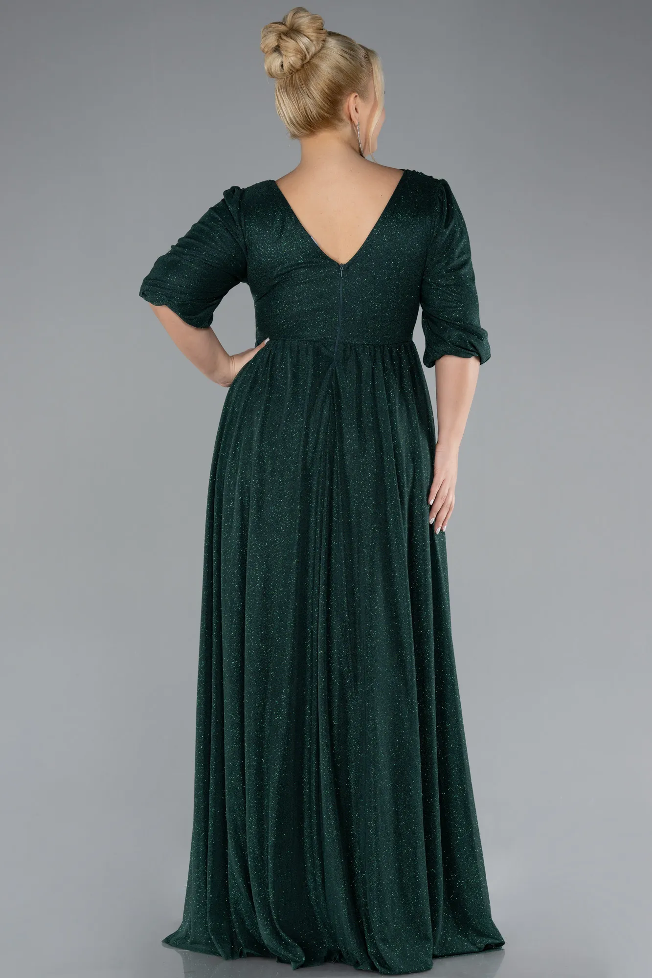 Emerald Green-Short Sleeve V-Neck Long Glitter Evening Dress ABU4275