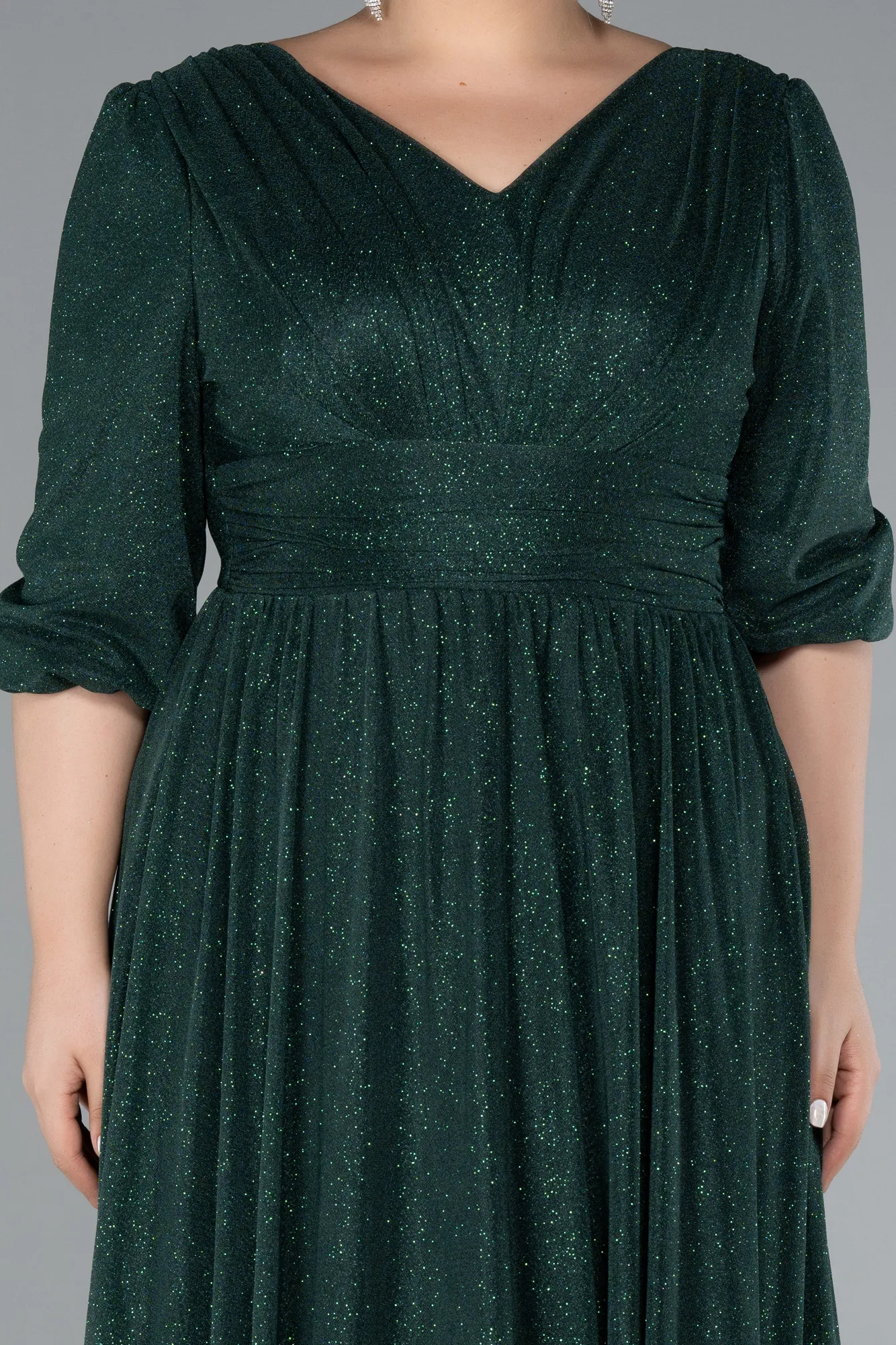 Emerald Green-Short Sleeve V-Neck Long Glitter Evening Dress ABU4275