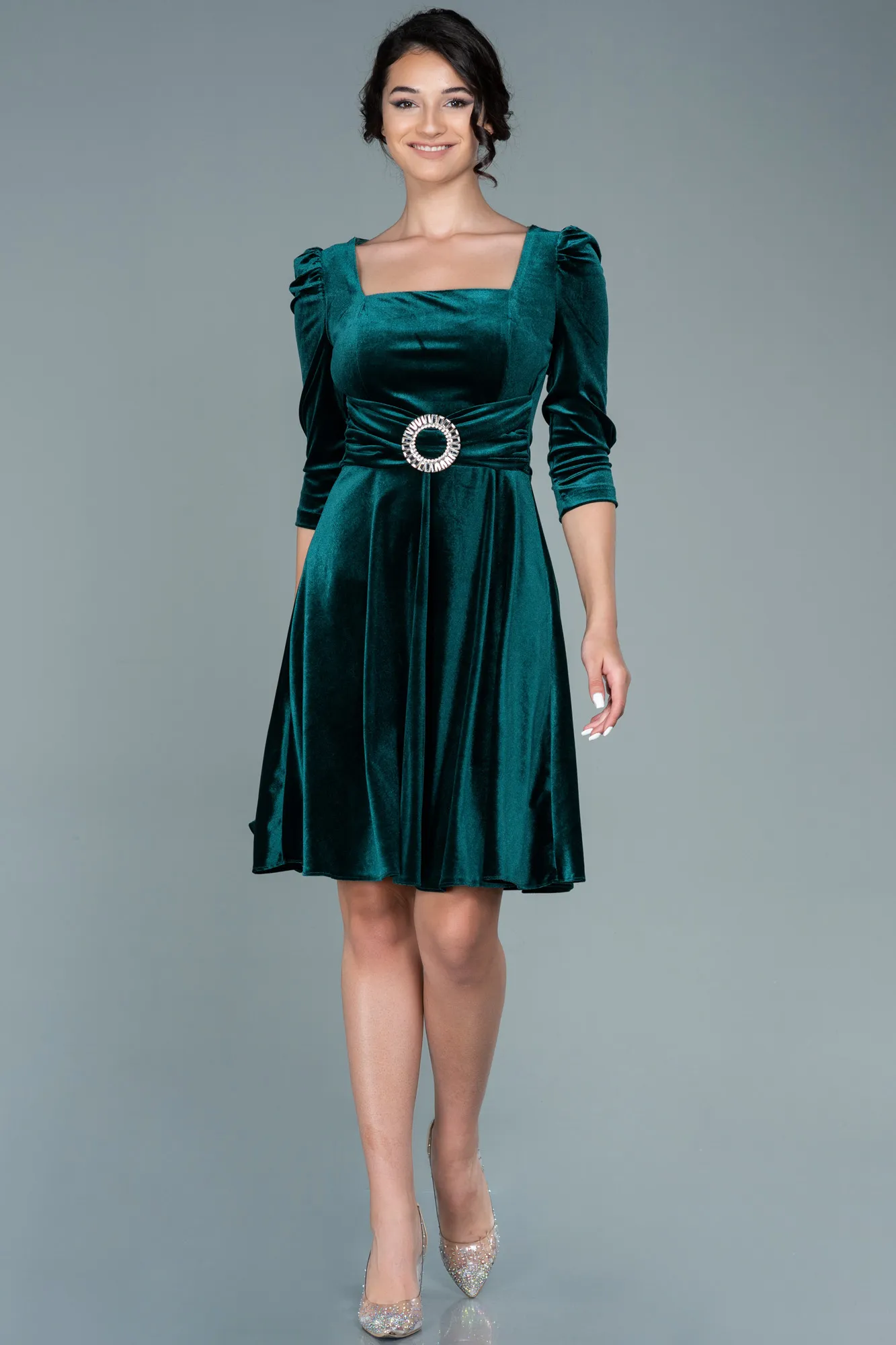 Emerald Green-Short Velvet Invitation Dress ABK1514