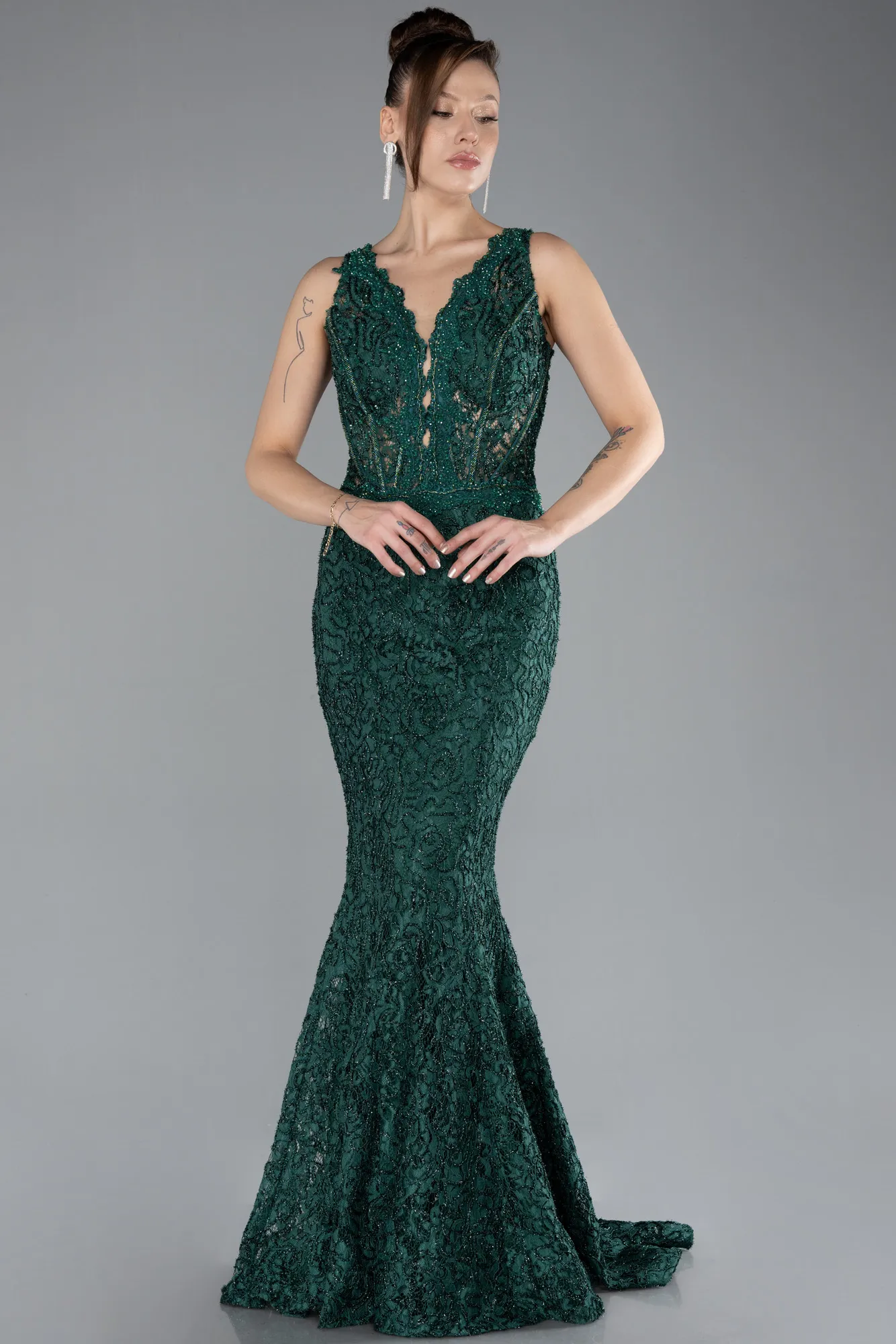 Emerald Green-Sleeveless Laced Long Mermaid Prom Gown ABU4493