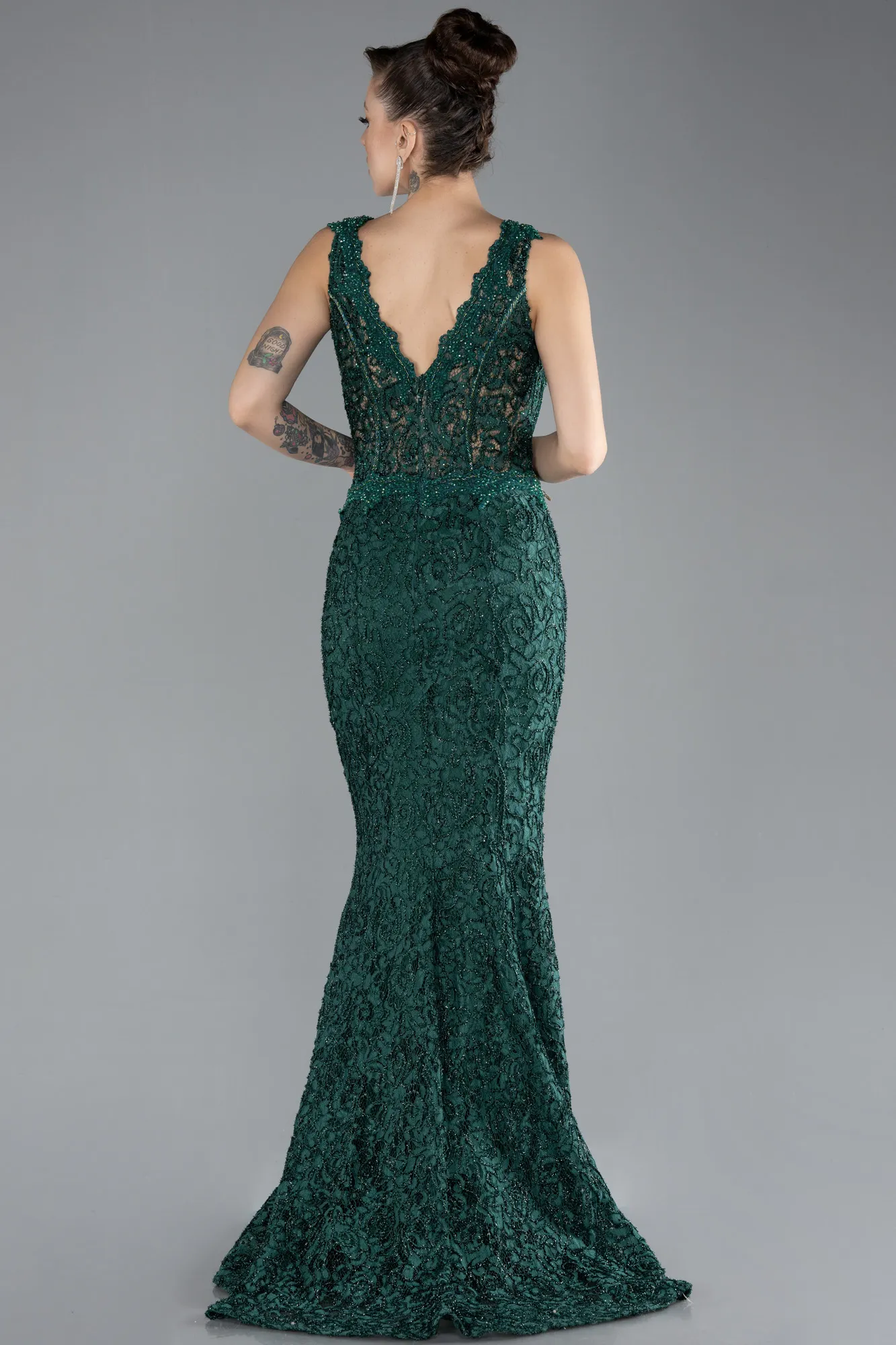 Emerald Green-Sleeveless Laced Long Mermaid Prom Gown ABU4493