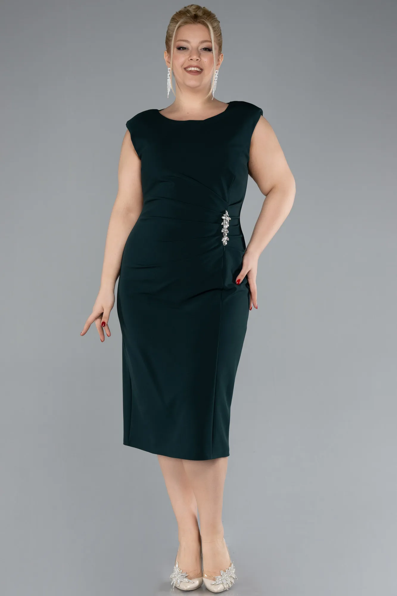 Emerald Green-Sleeveless Midi Plus Size Party Dress ABK2190