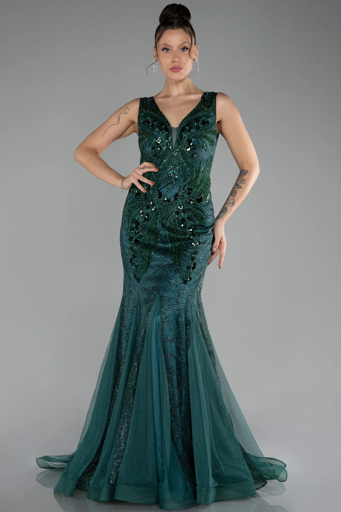 Emerald Green-Sleeveless Stoned Long Evening Gown ABU4170