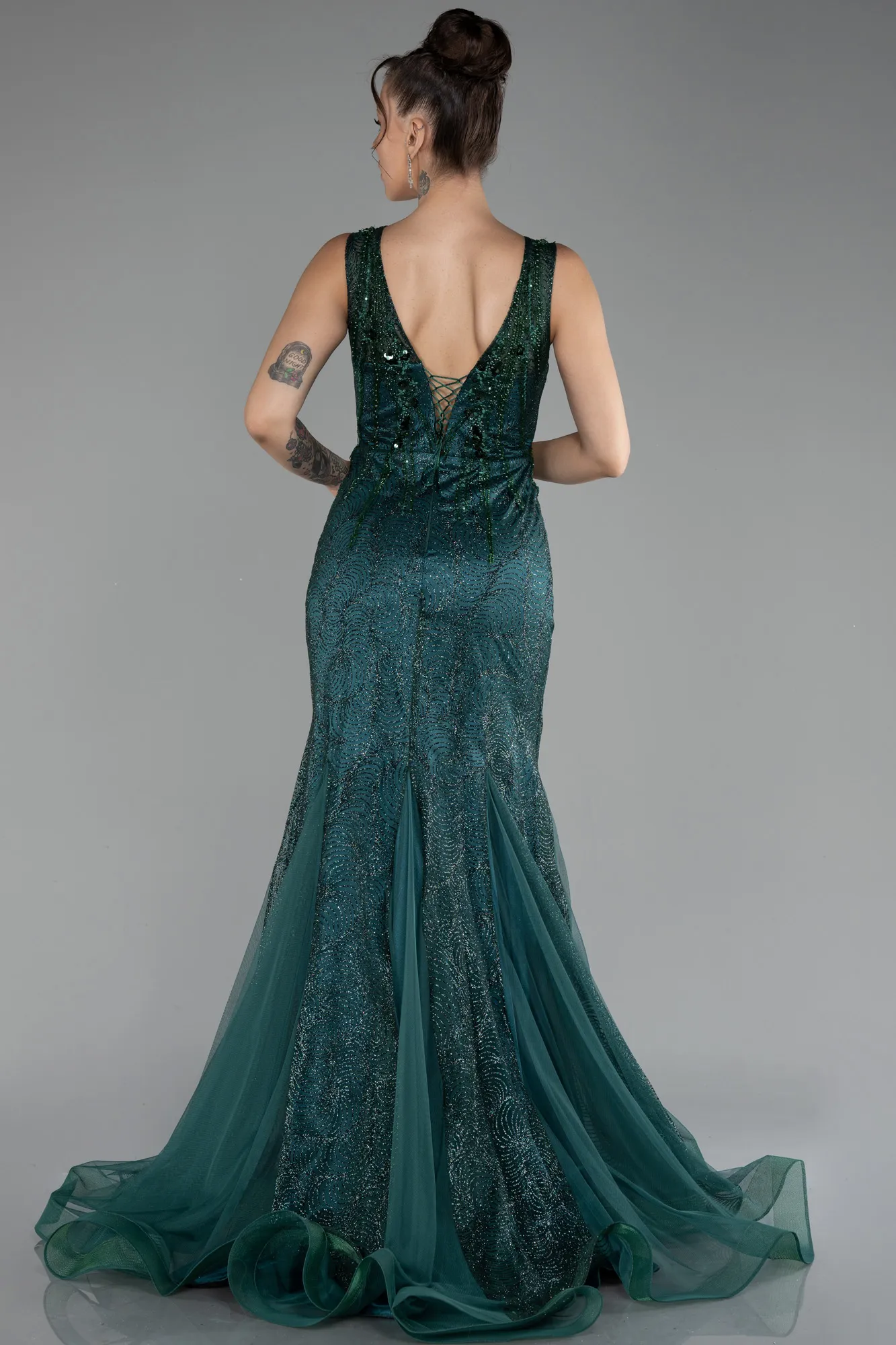 Emerald Green-Sleeveless Stoned Long Evening Gown ABU4170