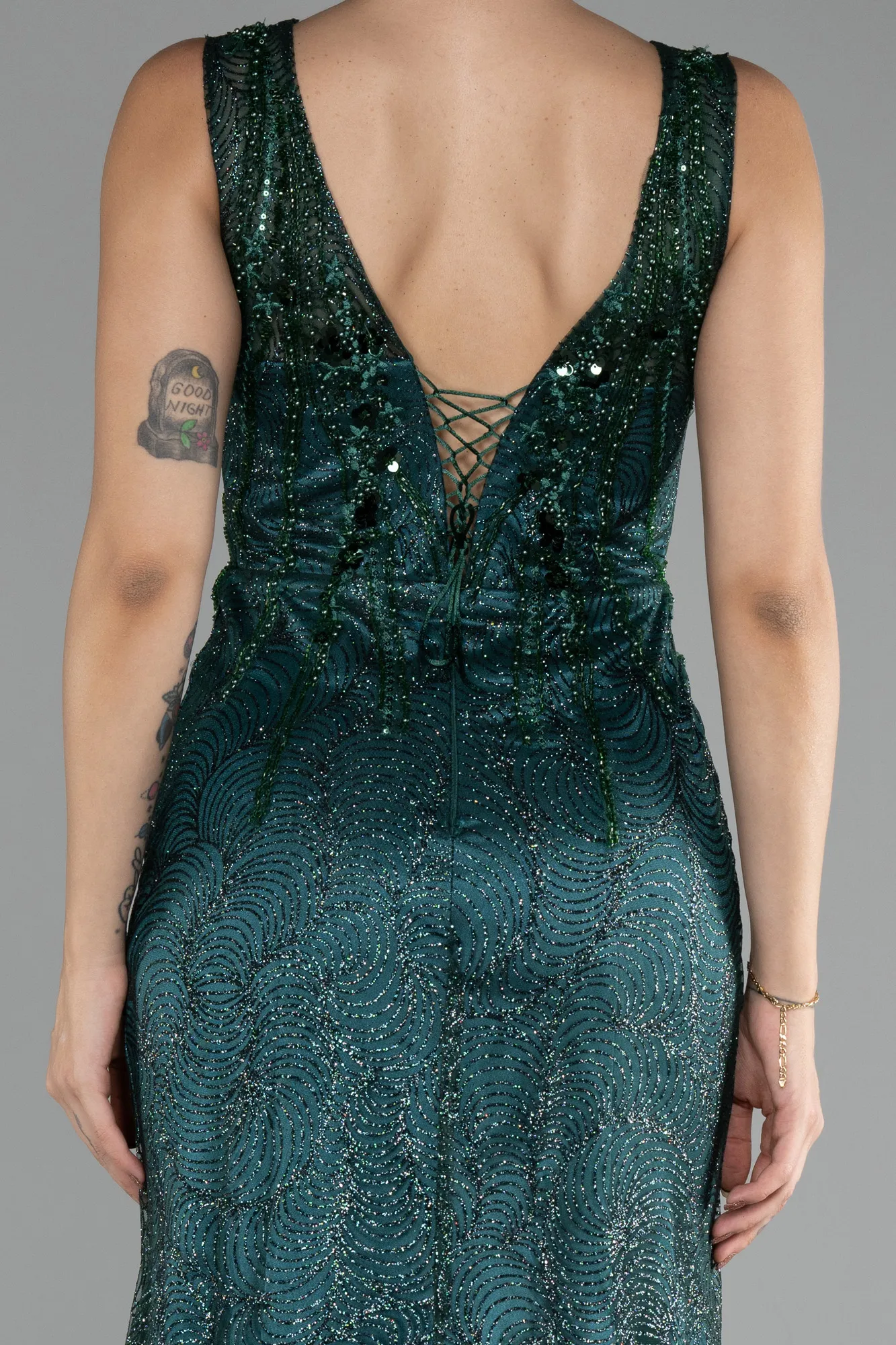 Emerald Green-Sleeveless Stoned Long Evening Gown ABU4170