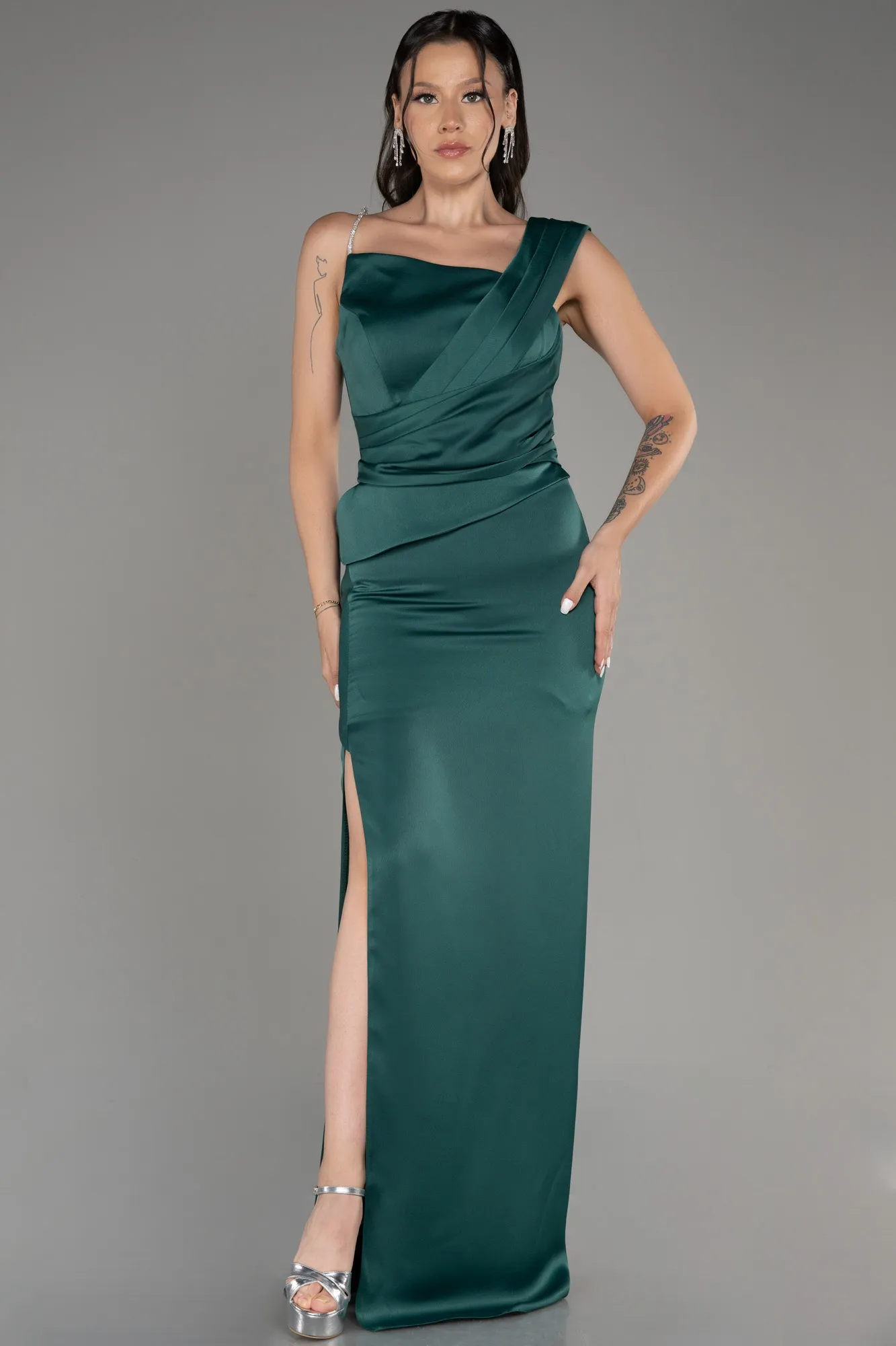 Emerald Green-Slit Long Satin Evening Dress ABU4014