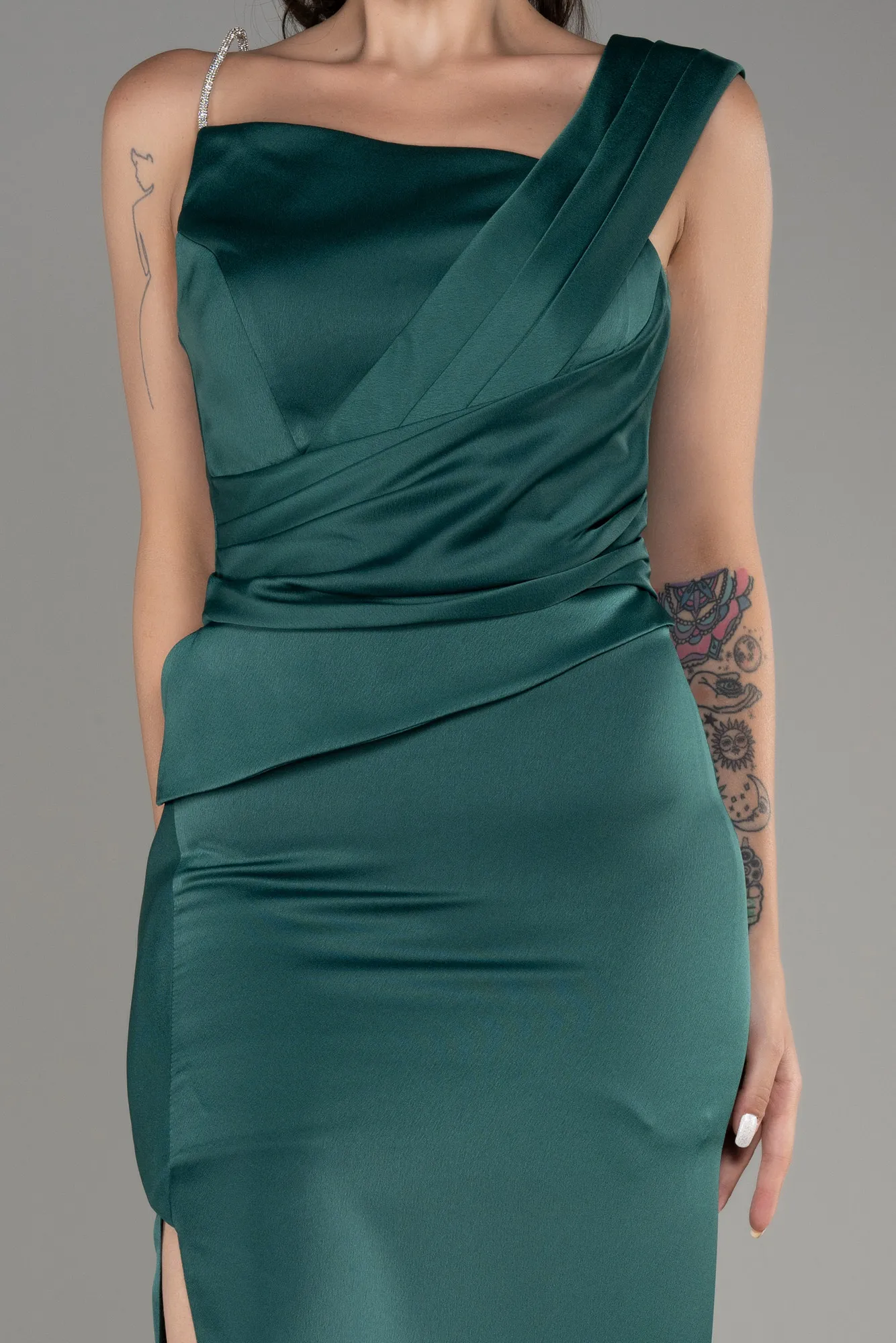 Emerald Green-Slit Long Satin Evening Dress ABU4014