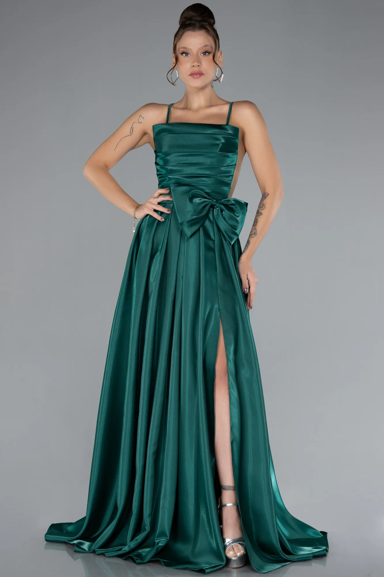 Emerald Green-Slit Long Satin Prom Dress ABU4298