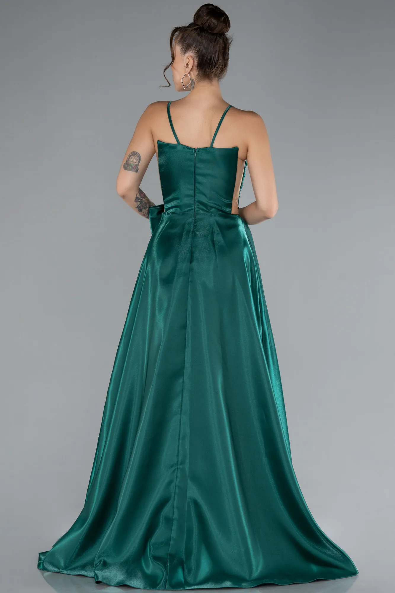 Emerald Green-Slit Long Satin Prom Dress ABU4298