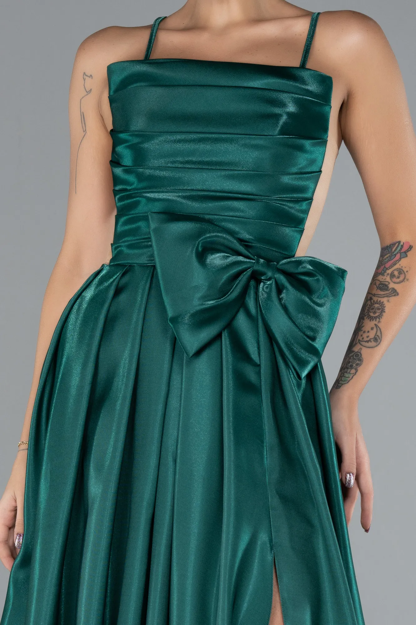 Emerald Green-Slit Long Satin Prom Dress ABU4298