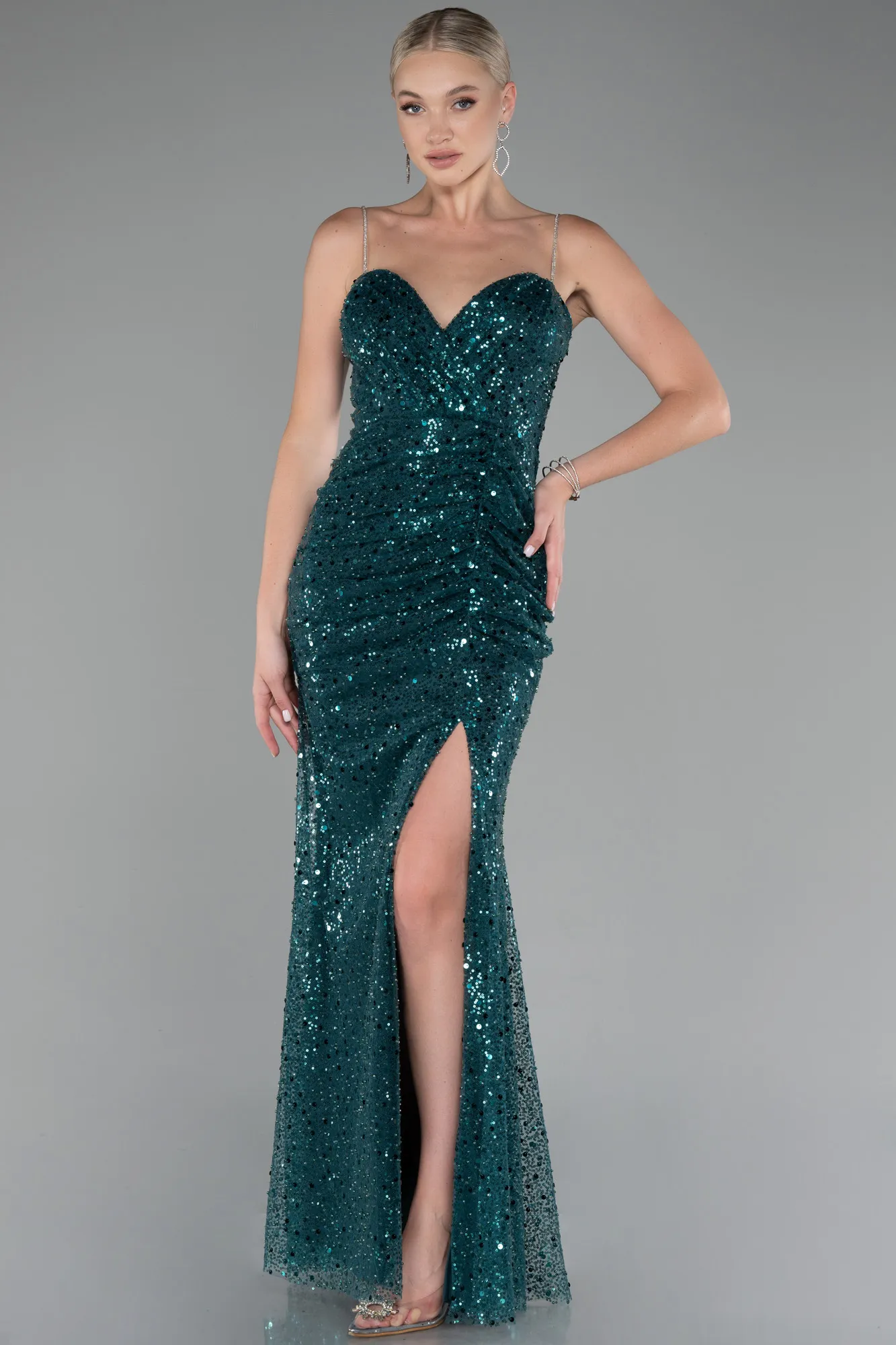 Emerald Green-Slit Long Scaly Evening Gown ABU4058