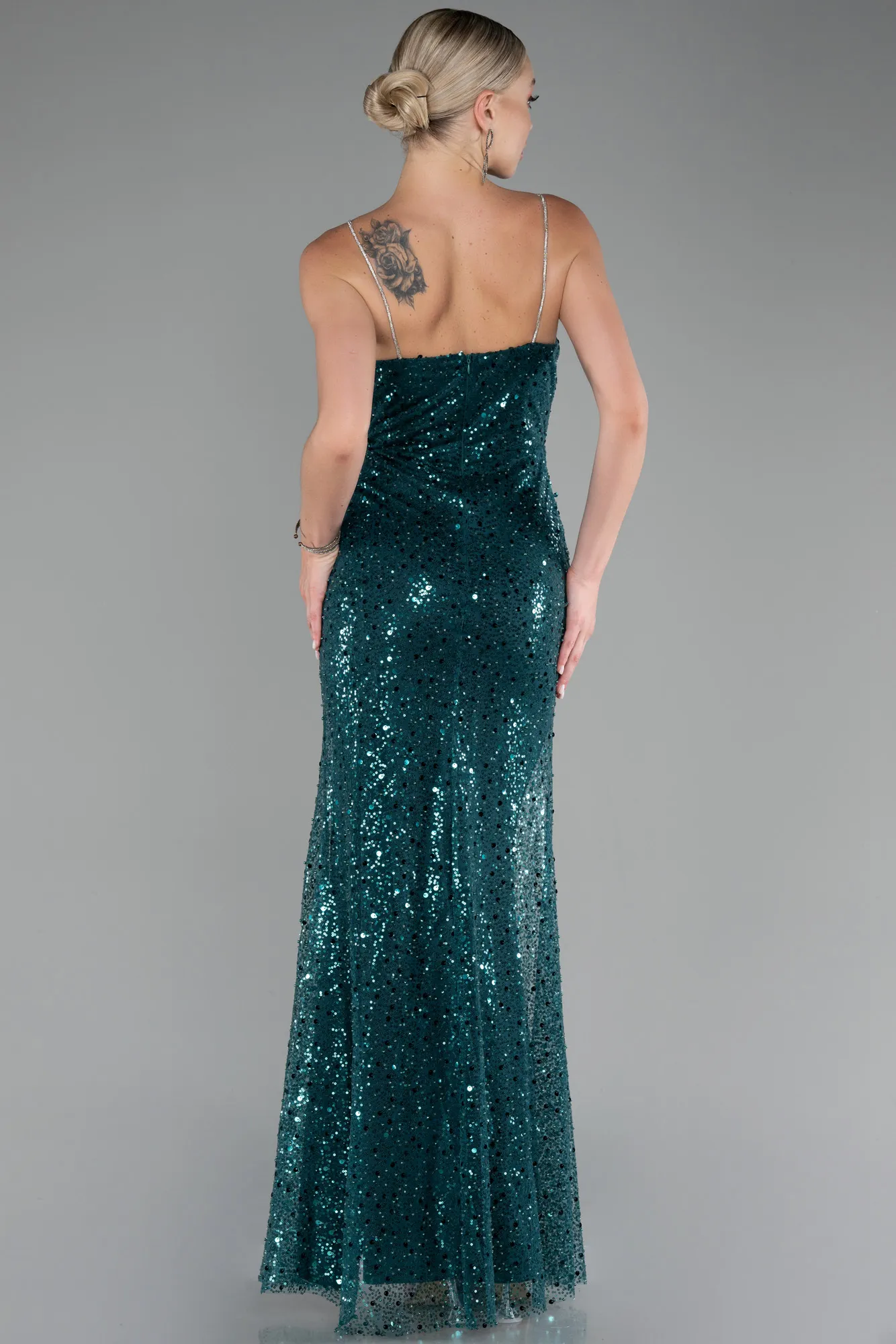 Emerald Green-Slit Long Scaly Evening Gown ABU4058