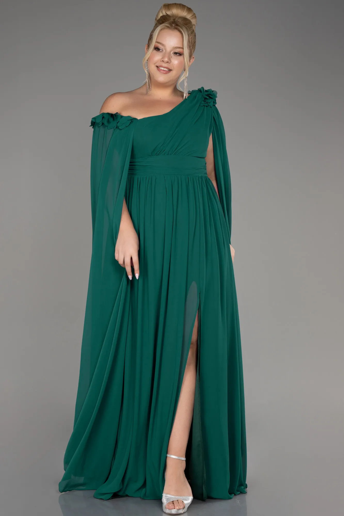 Emerald Green-Slit Shawl Long Chiffon Plus Size Evening Dress ABU4002