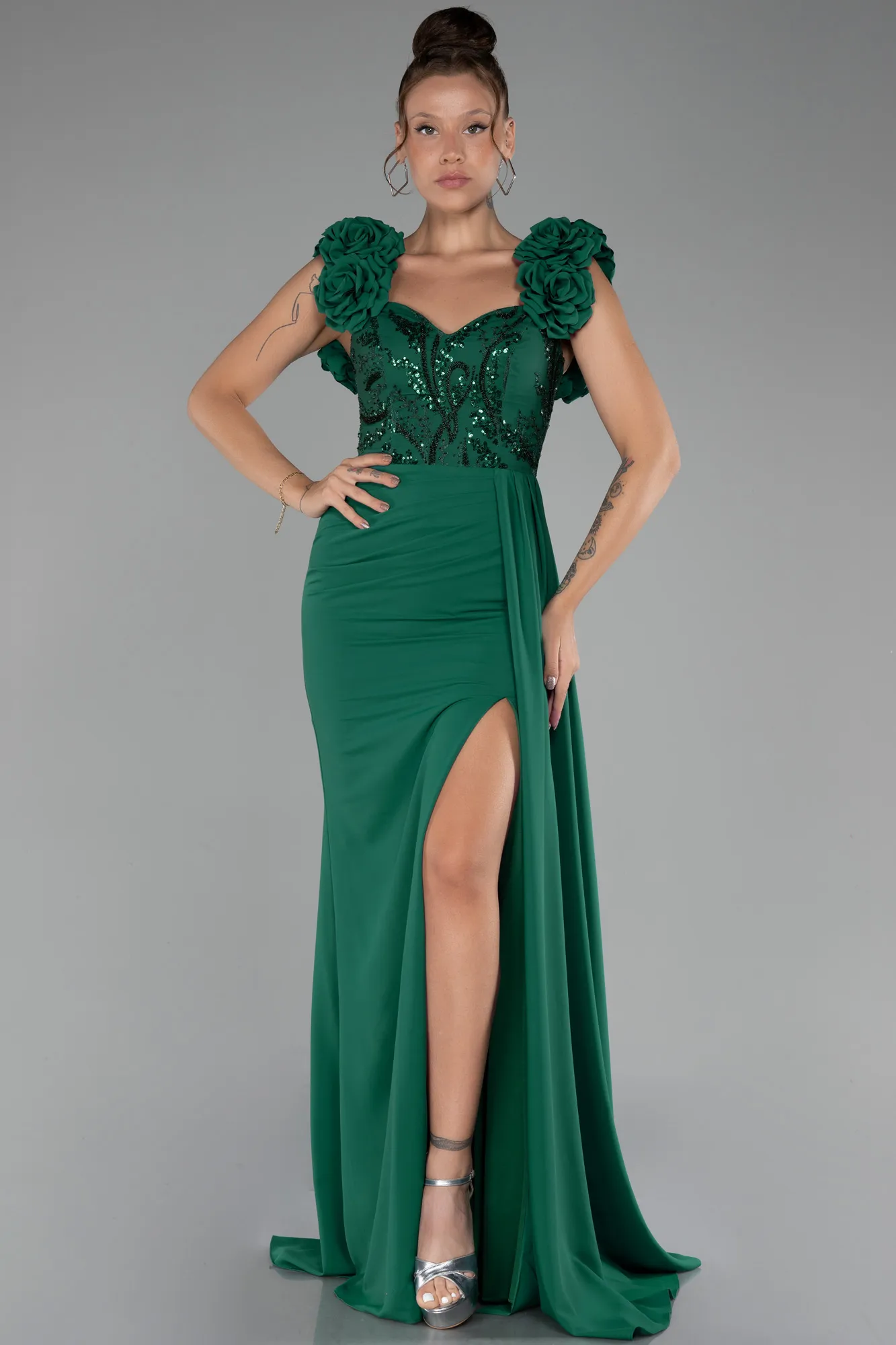 Emerald Green-Slit Strap Flowers Long Chiffon Evening Gown ABU4272