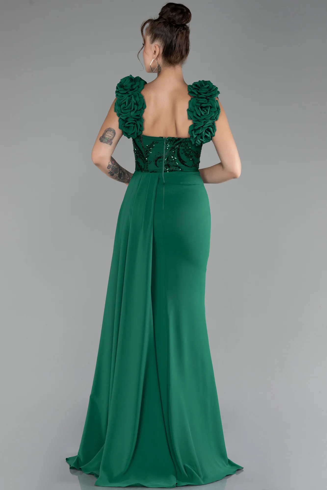 Emerald Green-Slit Strap Flowers Long Chiffon Evening Gown ABU4272