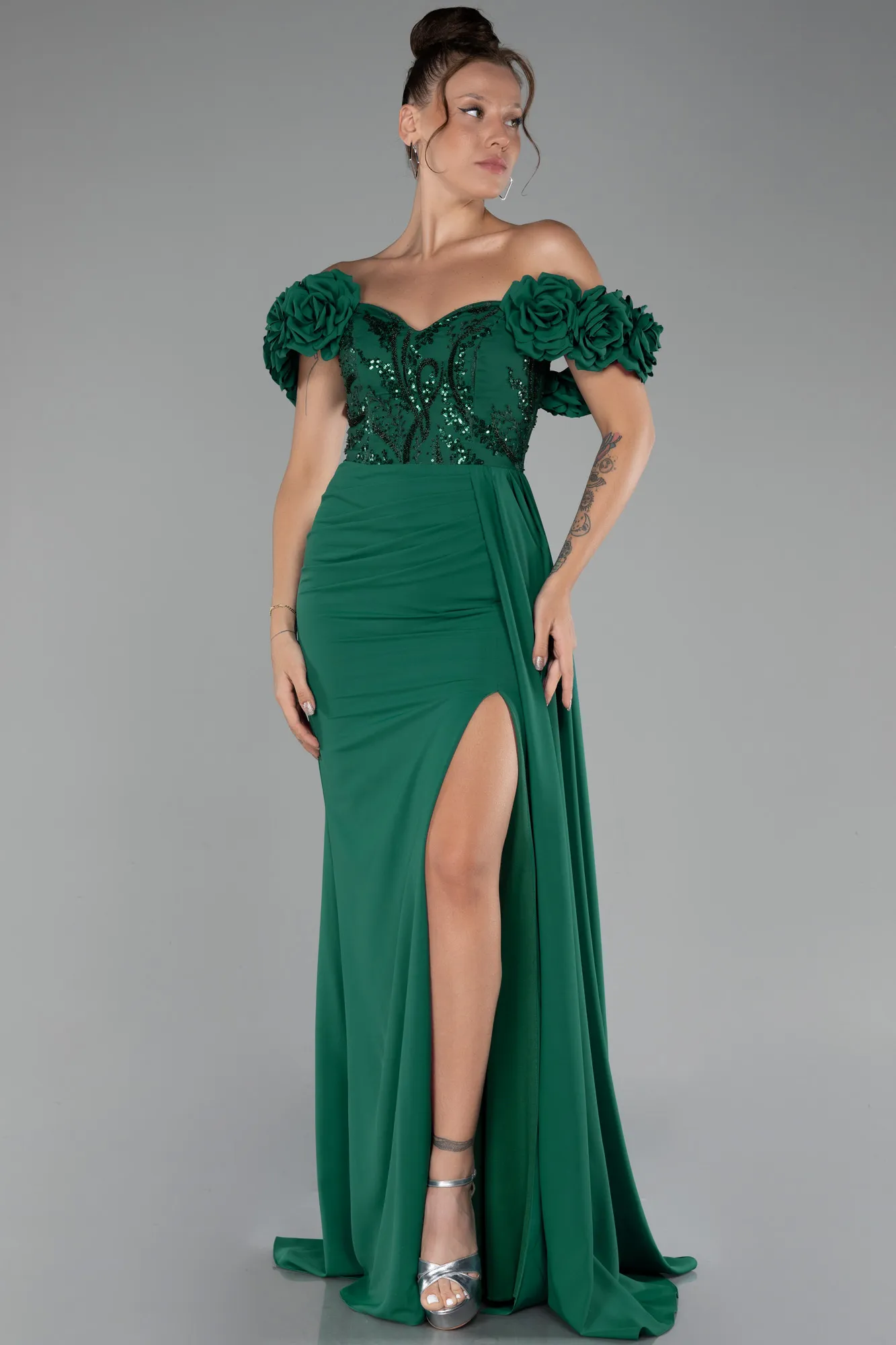 Emerald Green-Slit Strap Flowers Long Chiffon Evening Gown ABU4272