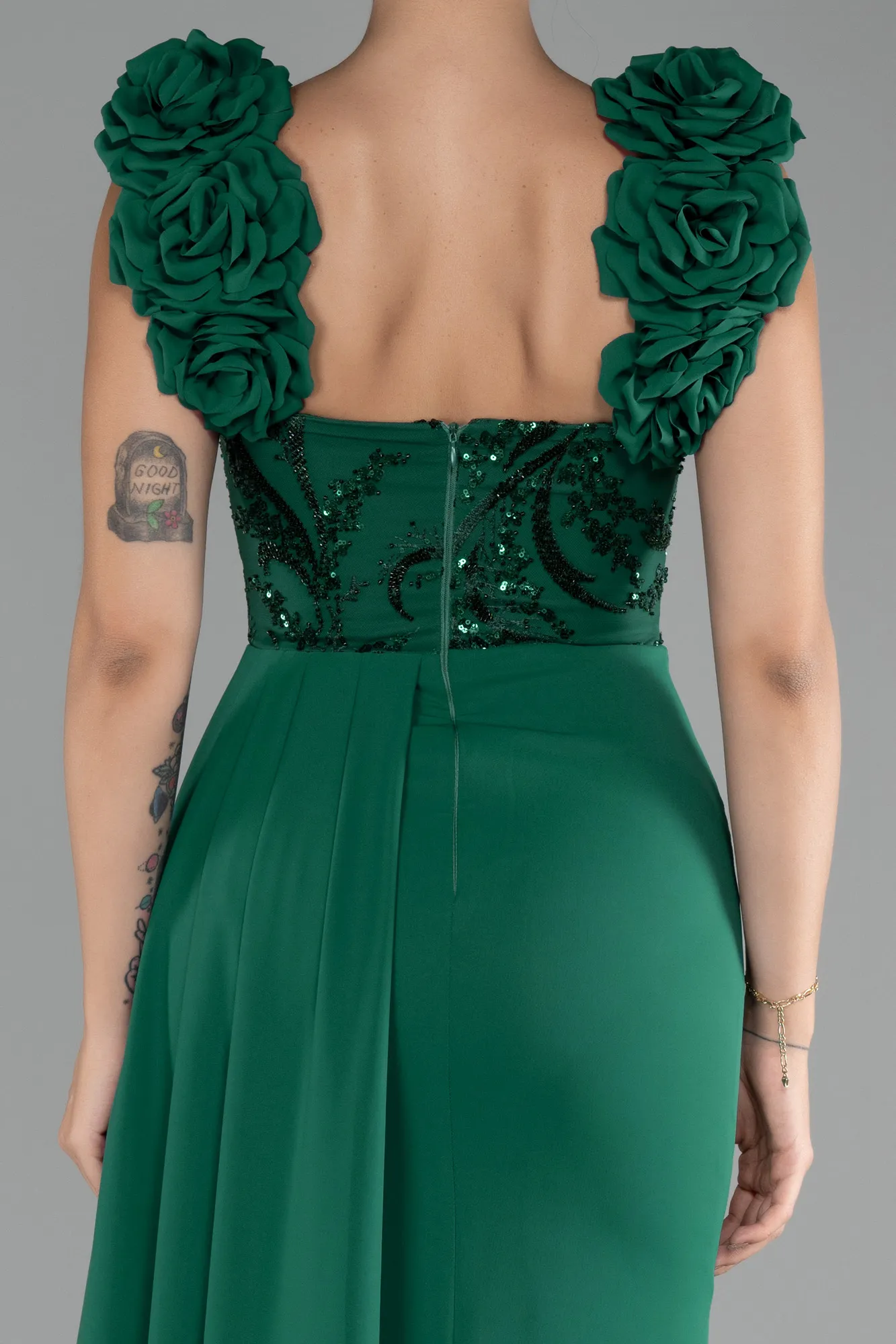 Emerald Green-Slit Strap Flowers Long Chiffon Evening Gown ABU4272