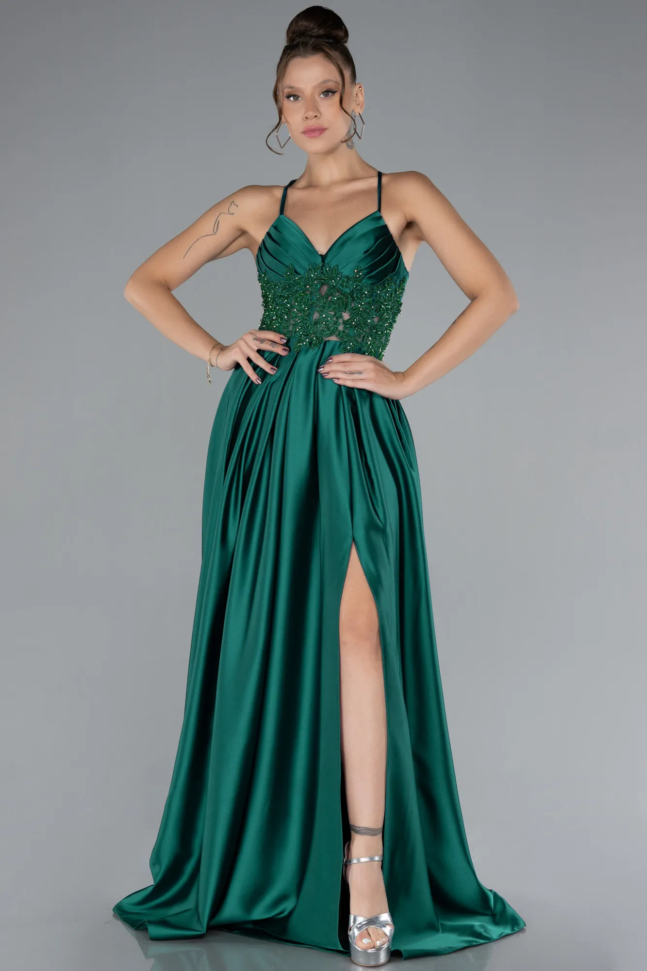 Emerald Green-Srappy Long Satin Prom Gown ABU4133