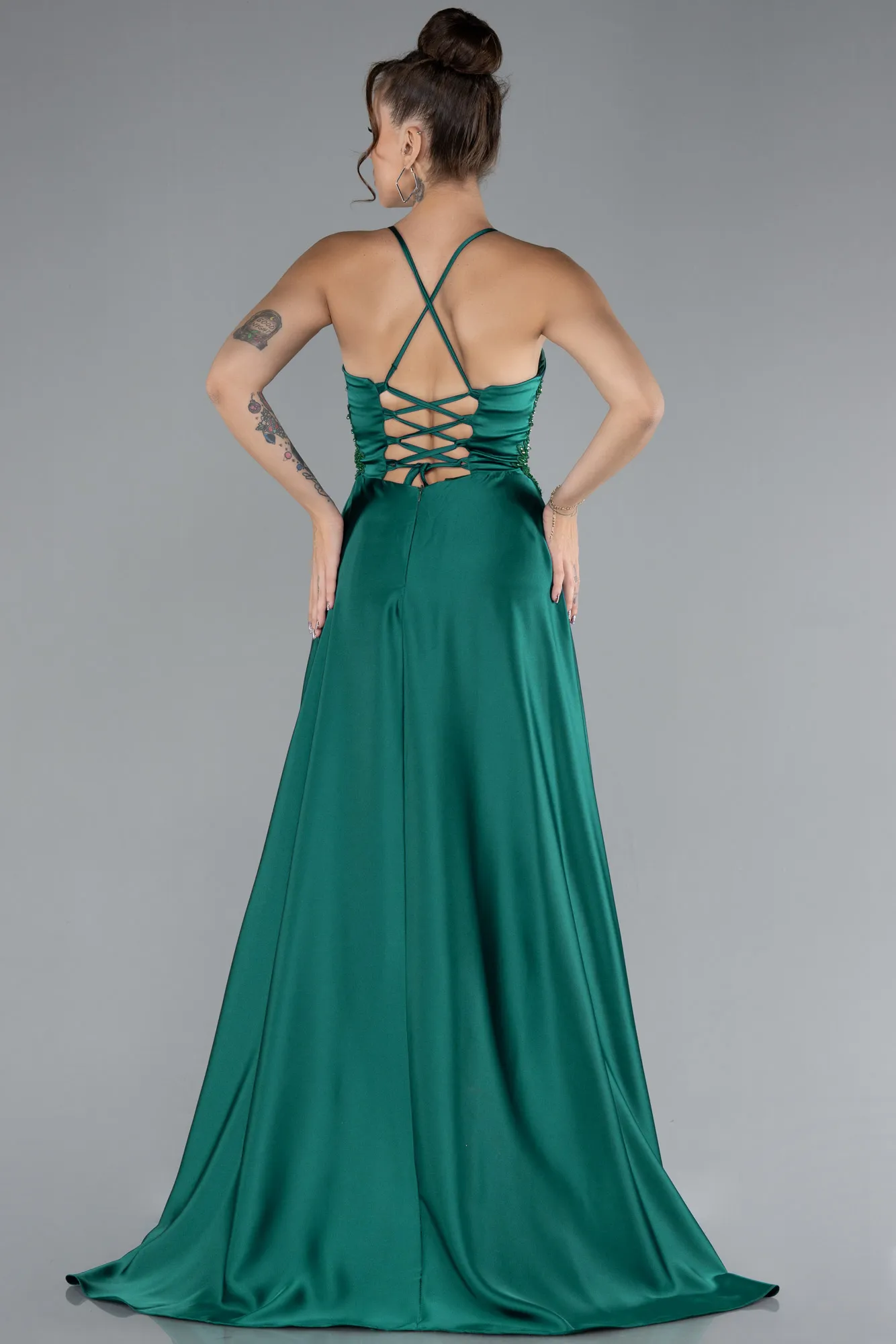 Emerald Green-Srappy Long Satin Prom Gown ABU4133