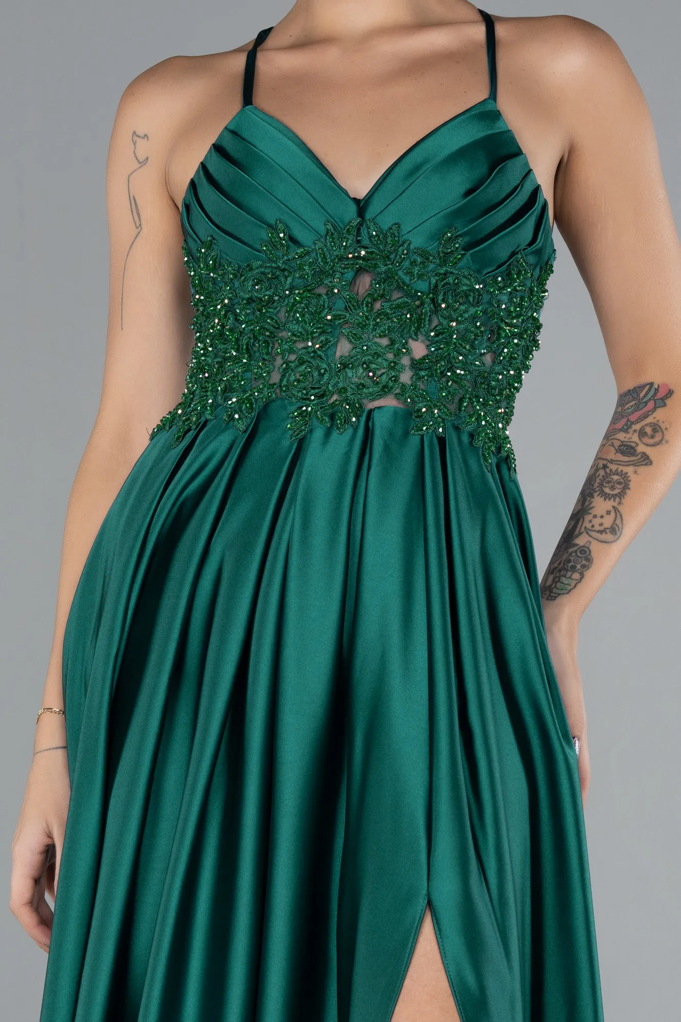 Emerald Green-Srappy Long Satin Prom Gown ABU4133