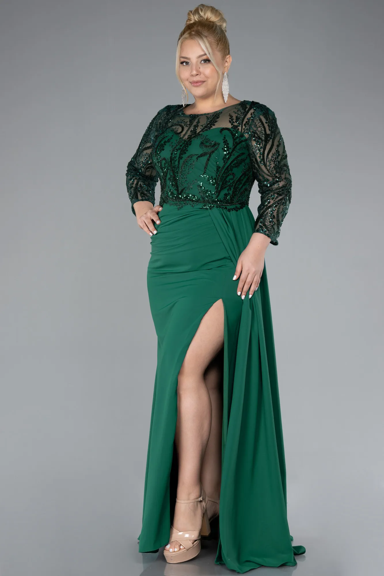 Emerald Green-Stoned Capri Sleeve Slit Chiffon Plus Size Evening Gown ABU4294