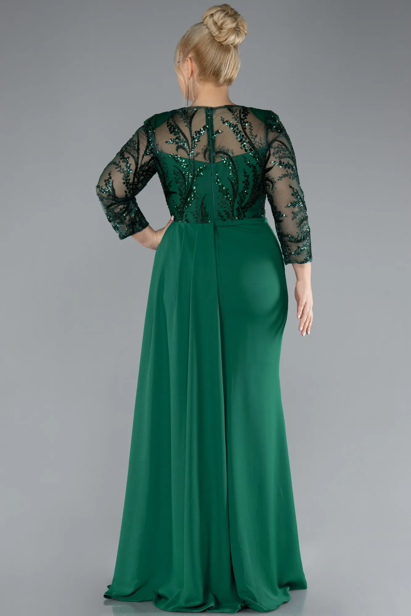 Emerald Green-Stoned Capri Sleeve Slit Chiffon Plus Size Evening Gown ABU4294