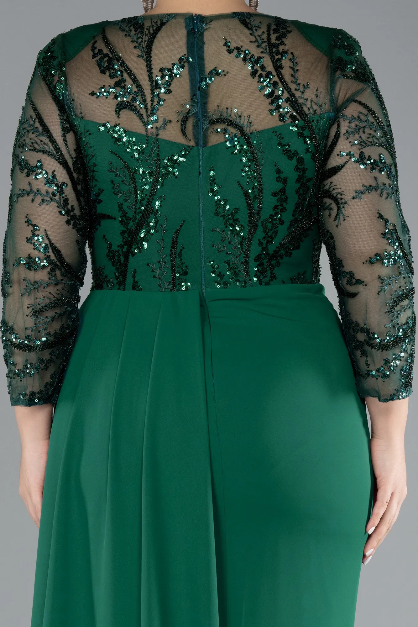 Emerald Green-Stoned Capri Sleeve Slit Chiffon Plus Size Evening Gown ABU4294