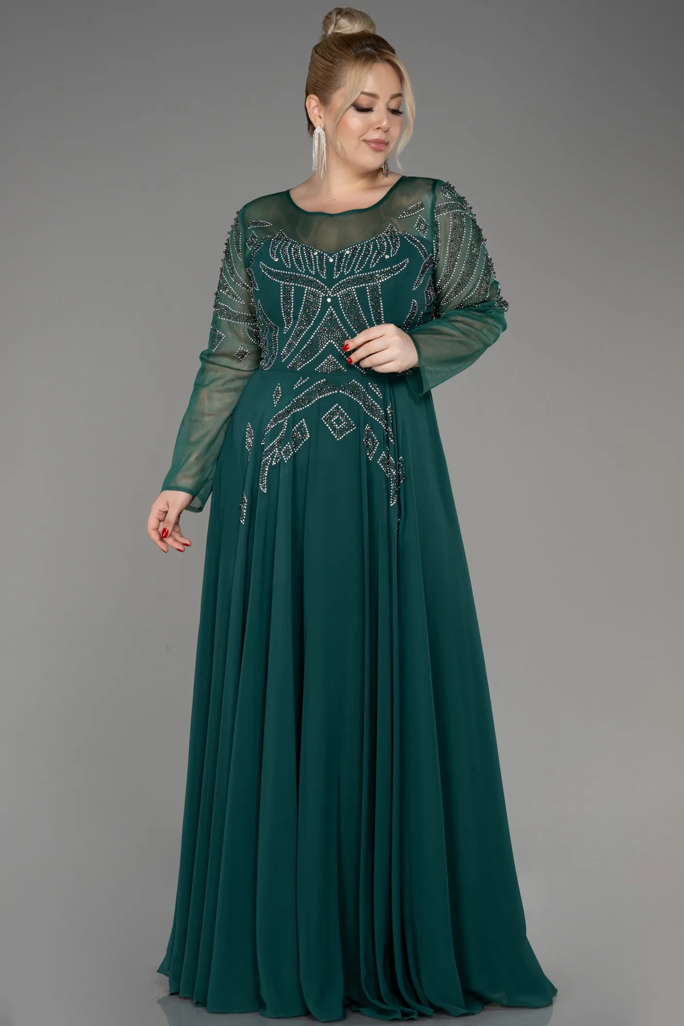 Emerald Green-Stoned Long Sleeve Plus Size Evening Dress ABU3926