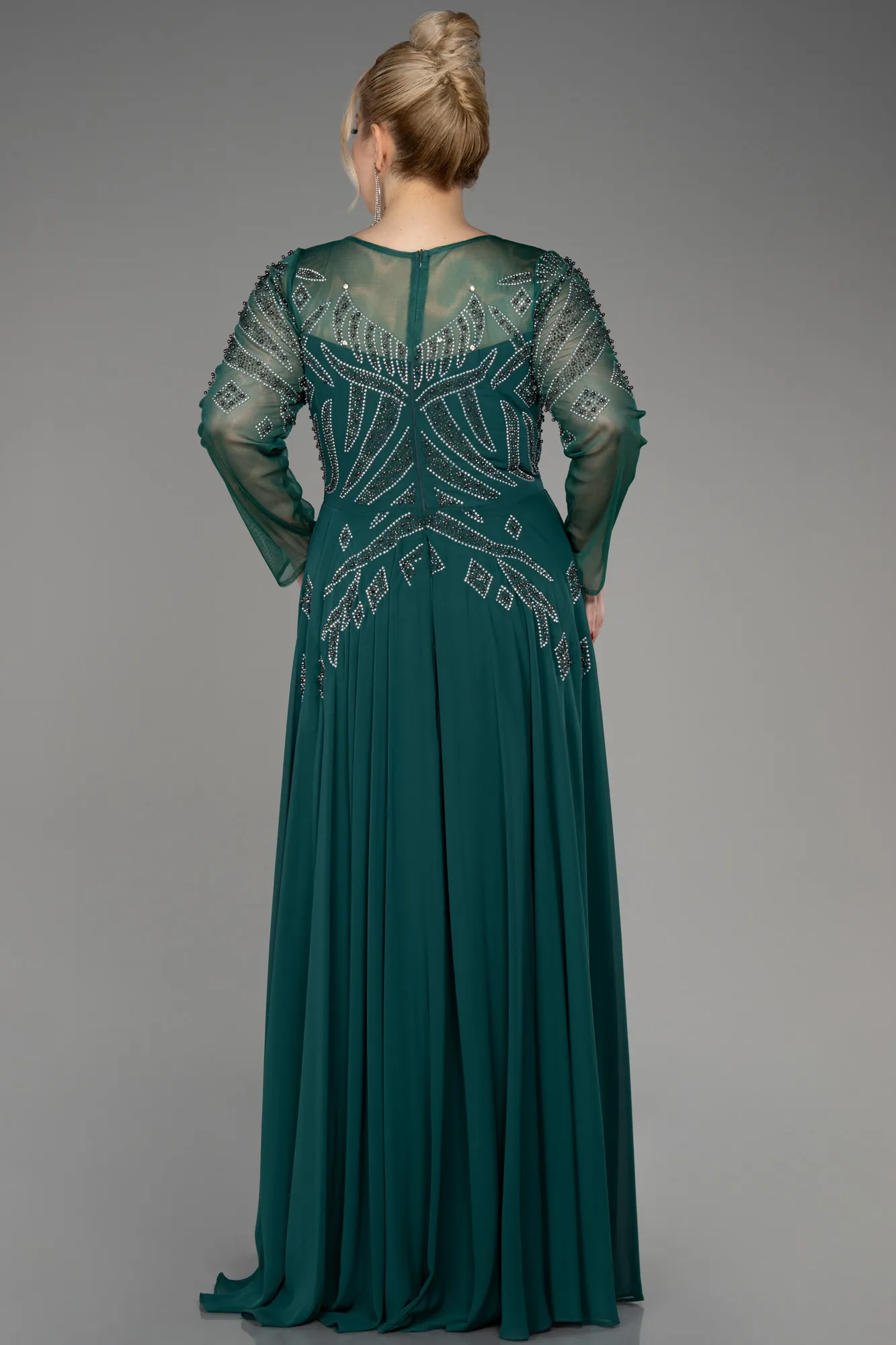 Emerald Green-Stoned Long Sleeve Plus Size Evening Dress ABU3926