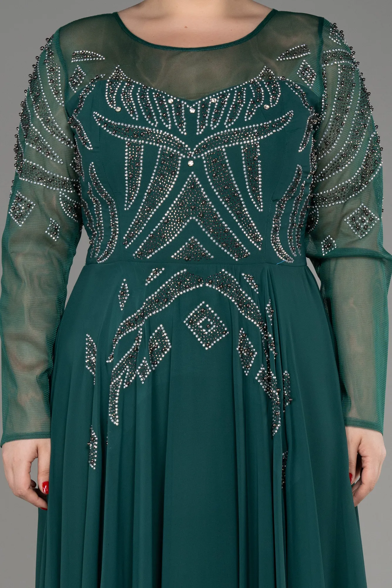 Emerald Green-Stoned Long Sleeve Plus Size Evening Dress ABU3926