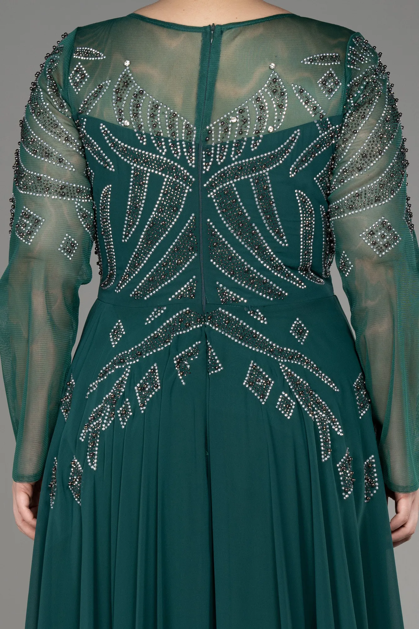 Emerald Green-Stoned Long Sleeve Plus Size Evening Dress ABU3926