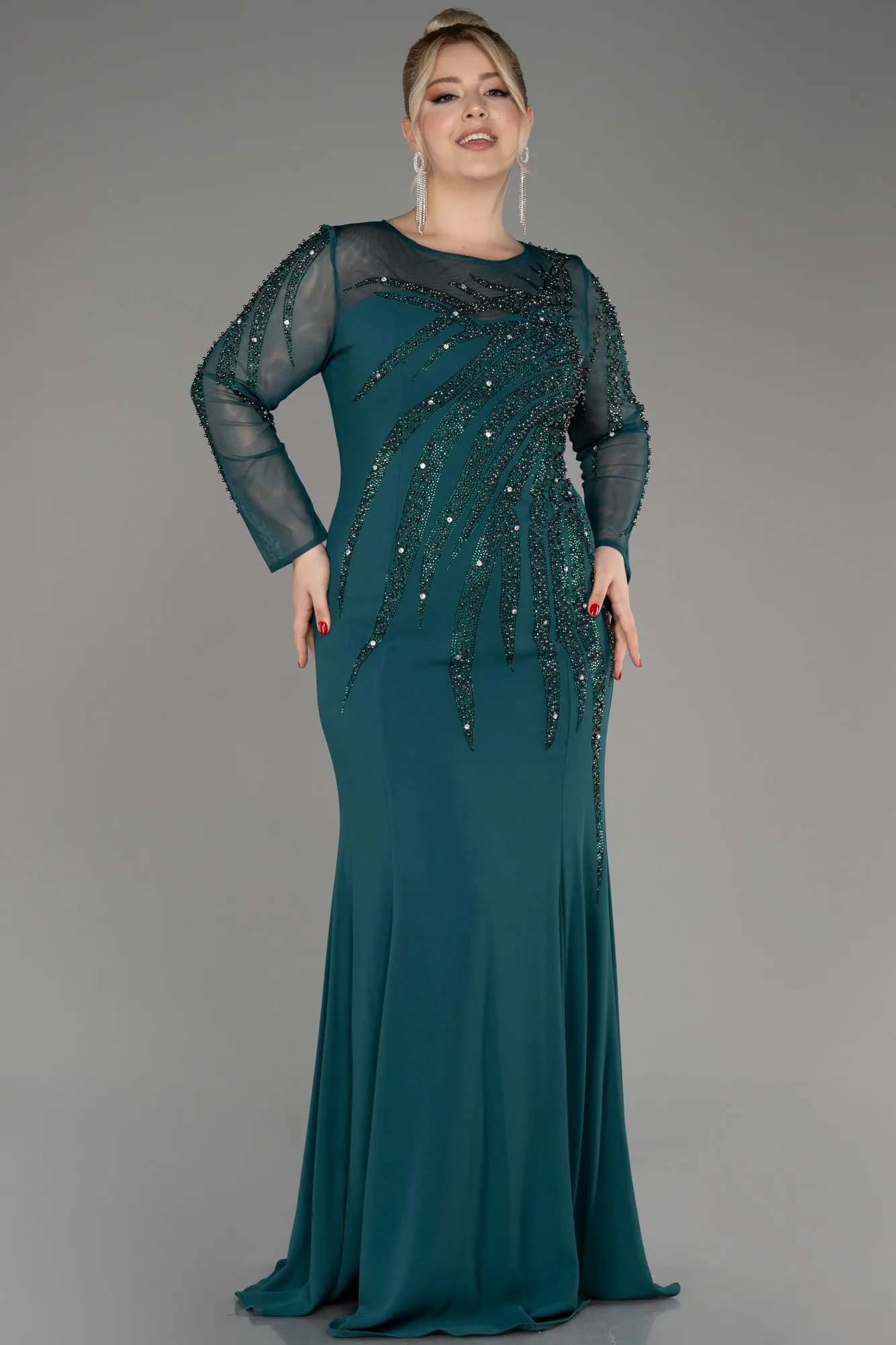 Emerald Green-Stoned Long Sleeve Plus Size Evening Gown ABU3928