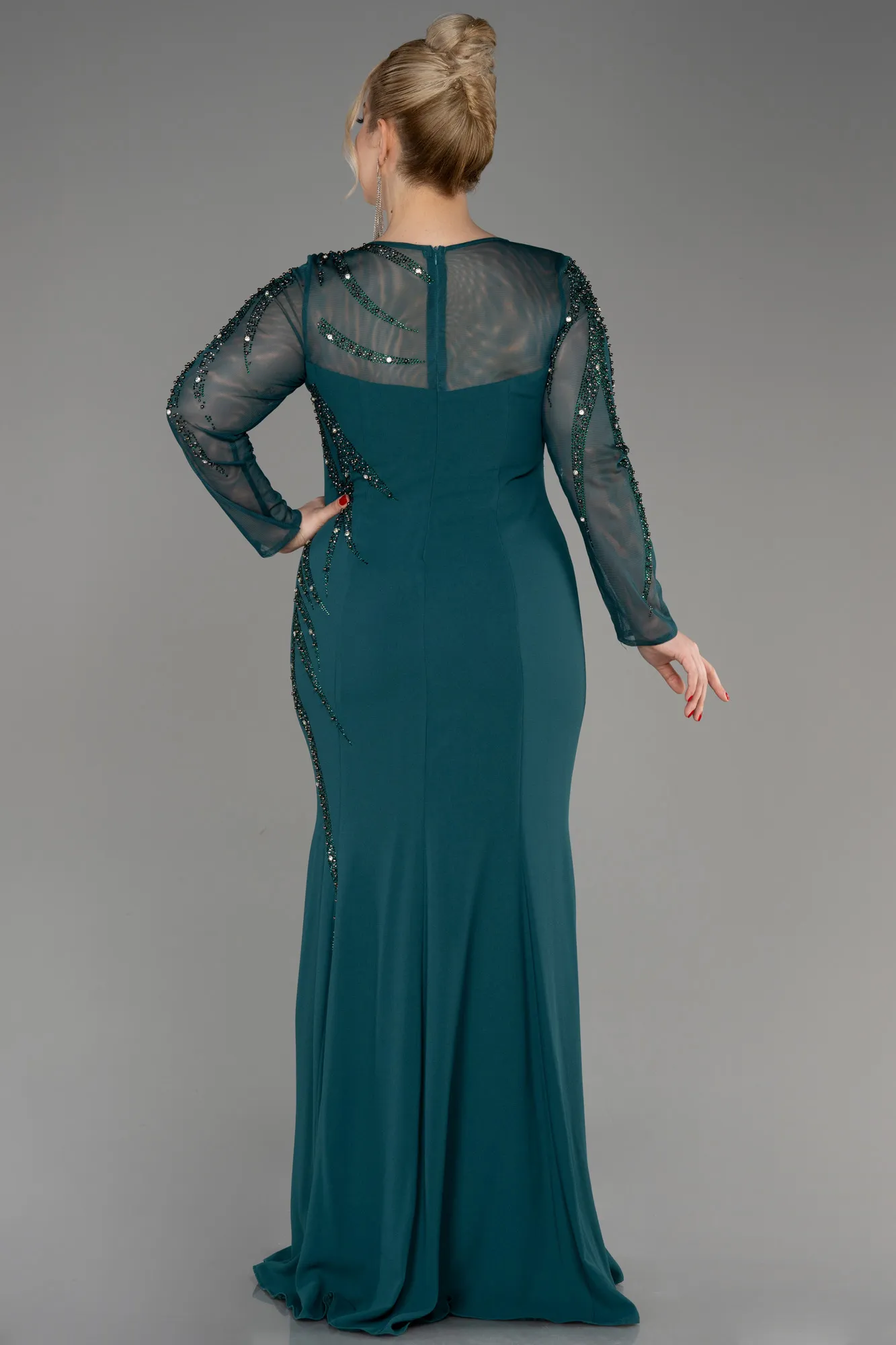 Emerald Green-Stoned Long Sleeve Plus Size Evening Gown ABU3928