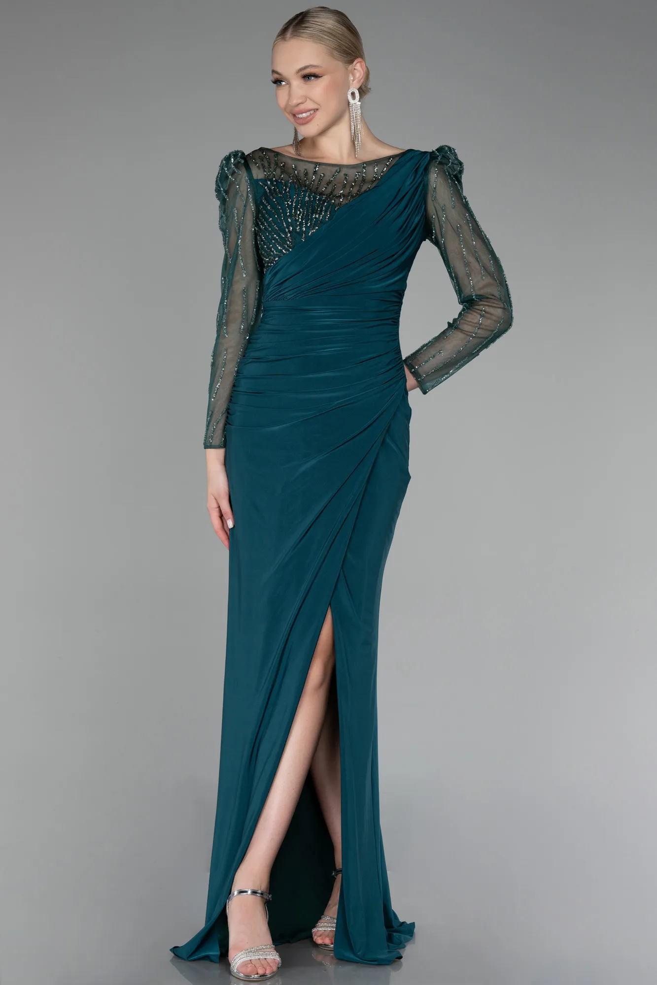 Emerald Green-Stoned Long Sleeve Slit Evening Gown ABU4117