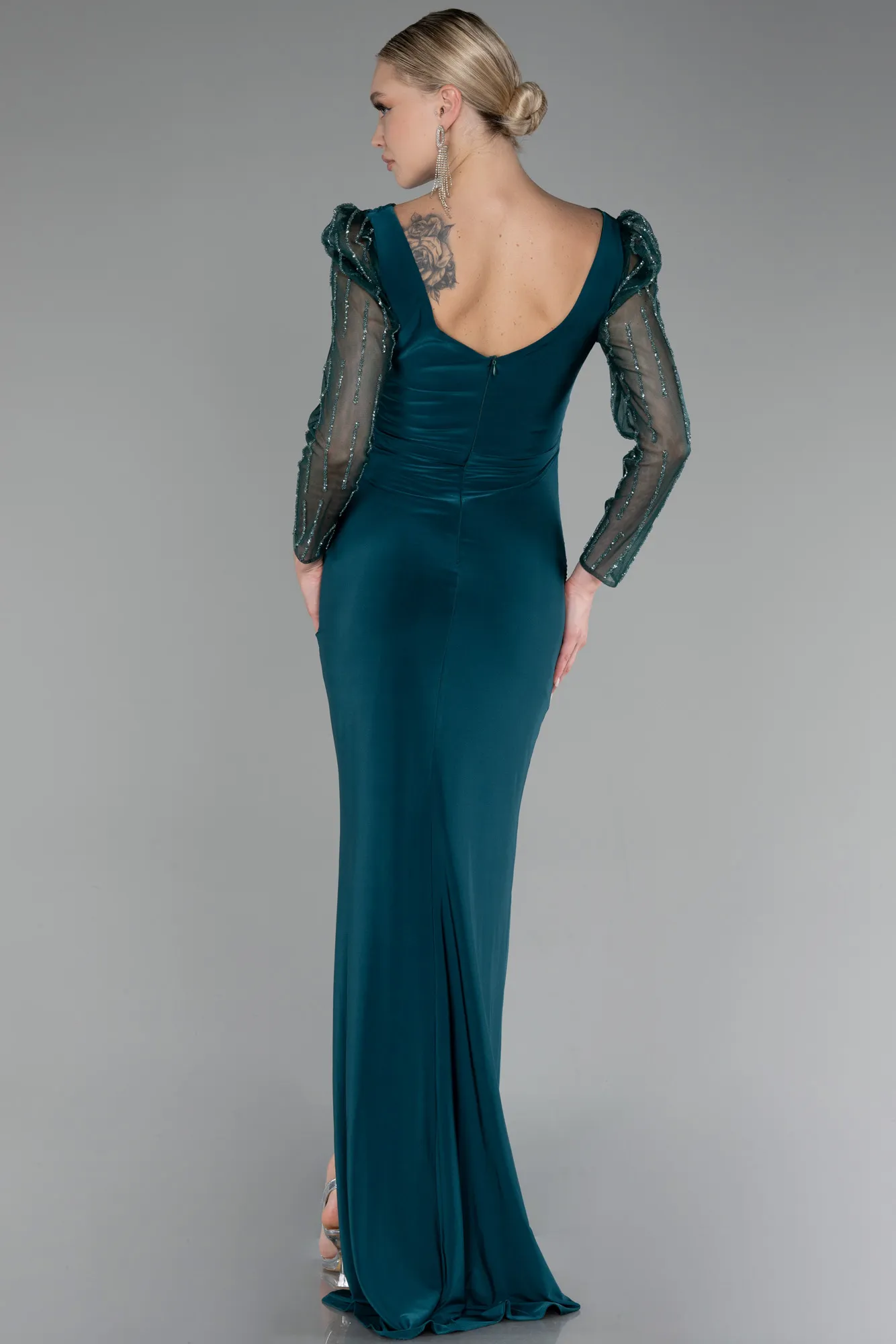 Emerald Green-Stoned Long Sleeve Slit Evening Gown ABU4117