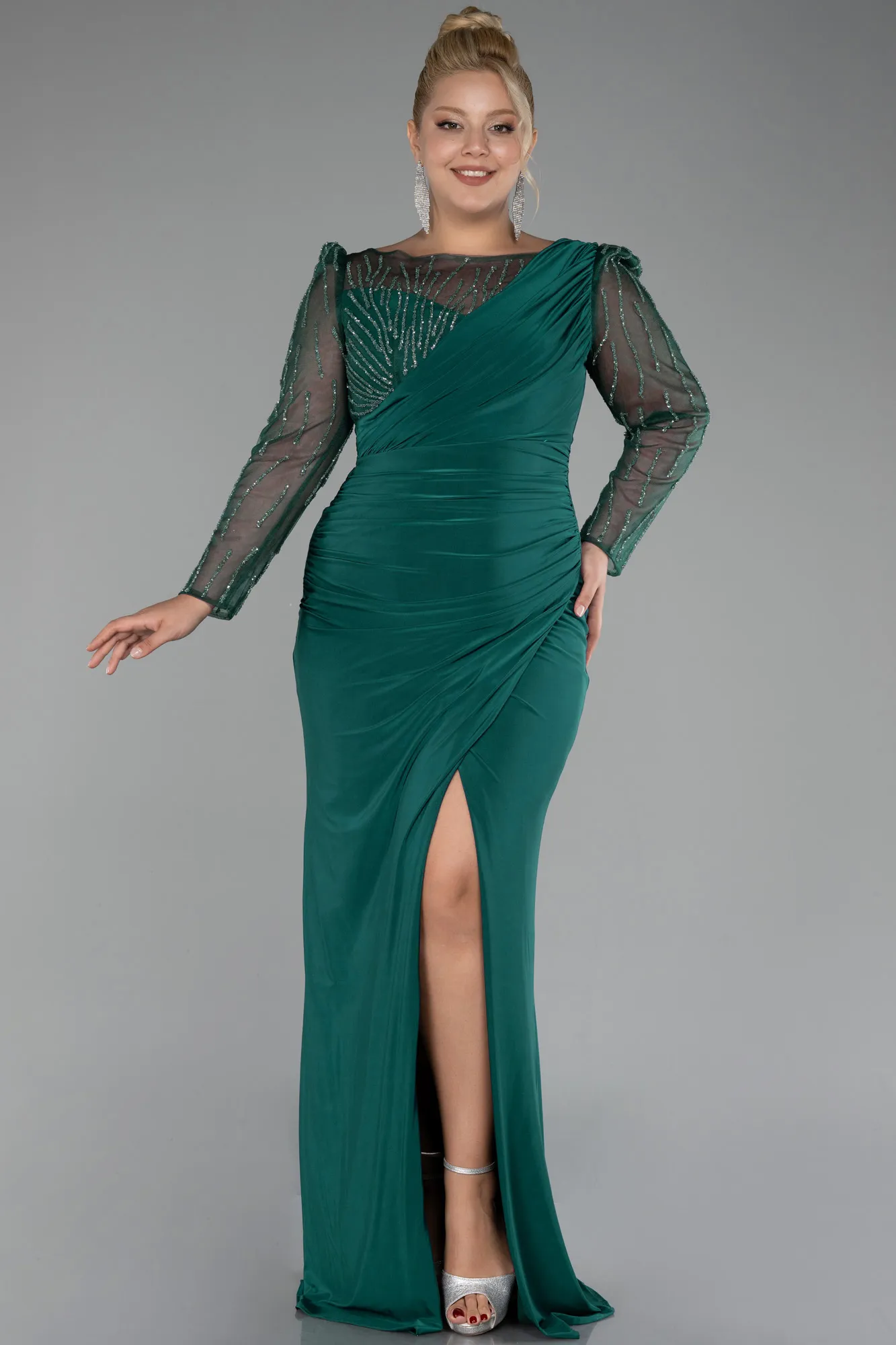 Emerald Green-Stoned Long Sleeve Slit Plus Size Evening Gown ABU4119