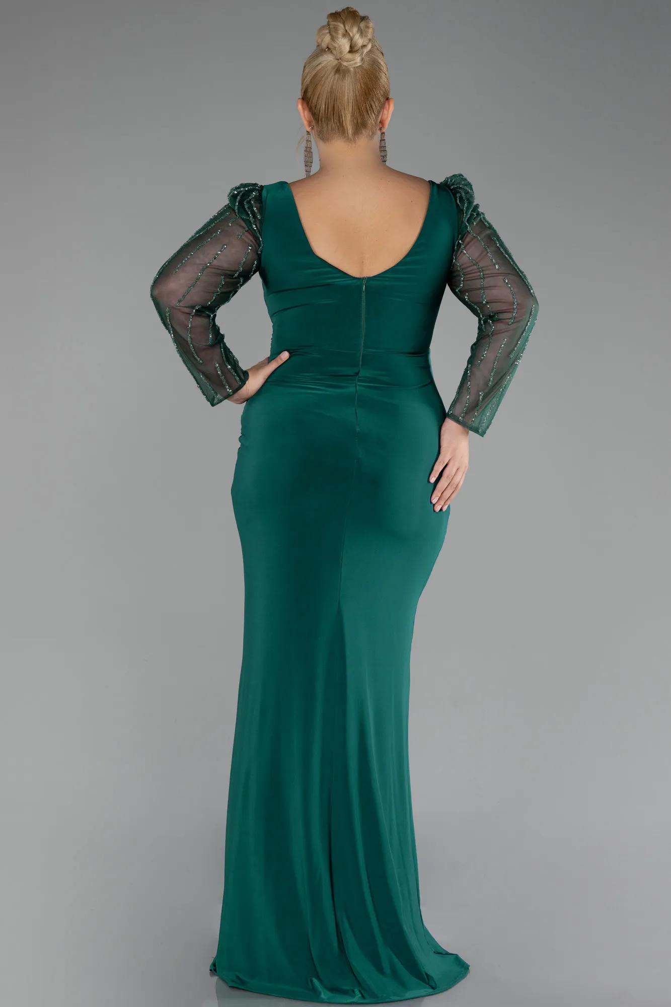 Emerald Green-Stoned Long Sleeve Slit Plus Size Evening Gown ABU4119