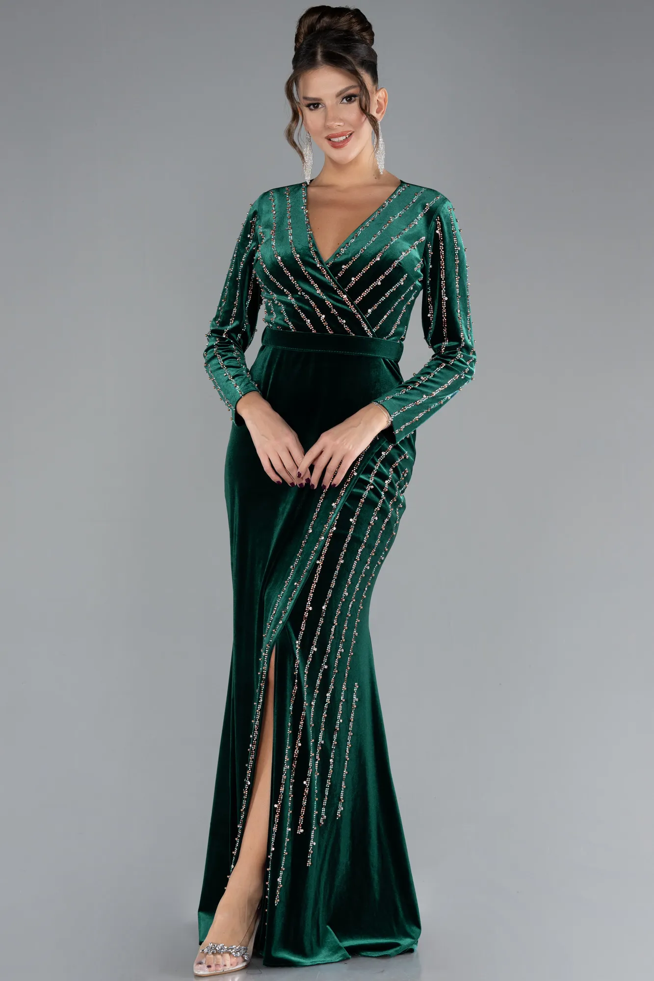 Emerald Green-Stoned Long Sleeve Velvet Evening Dress ABU4282