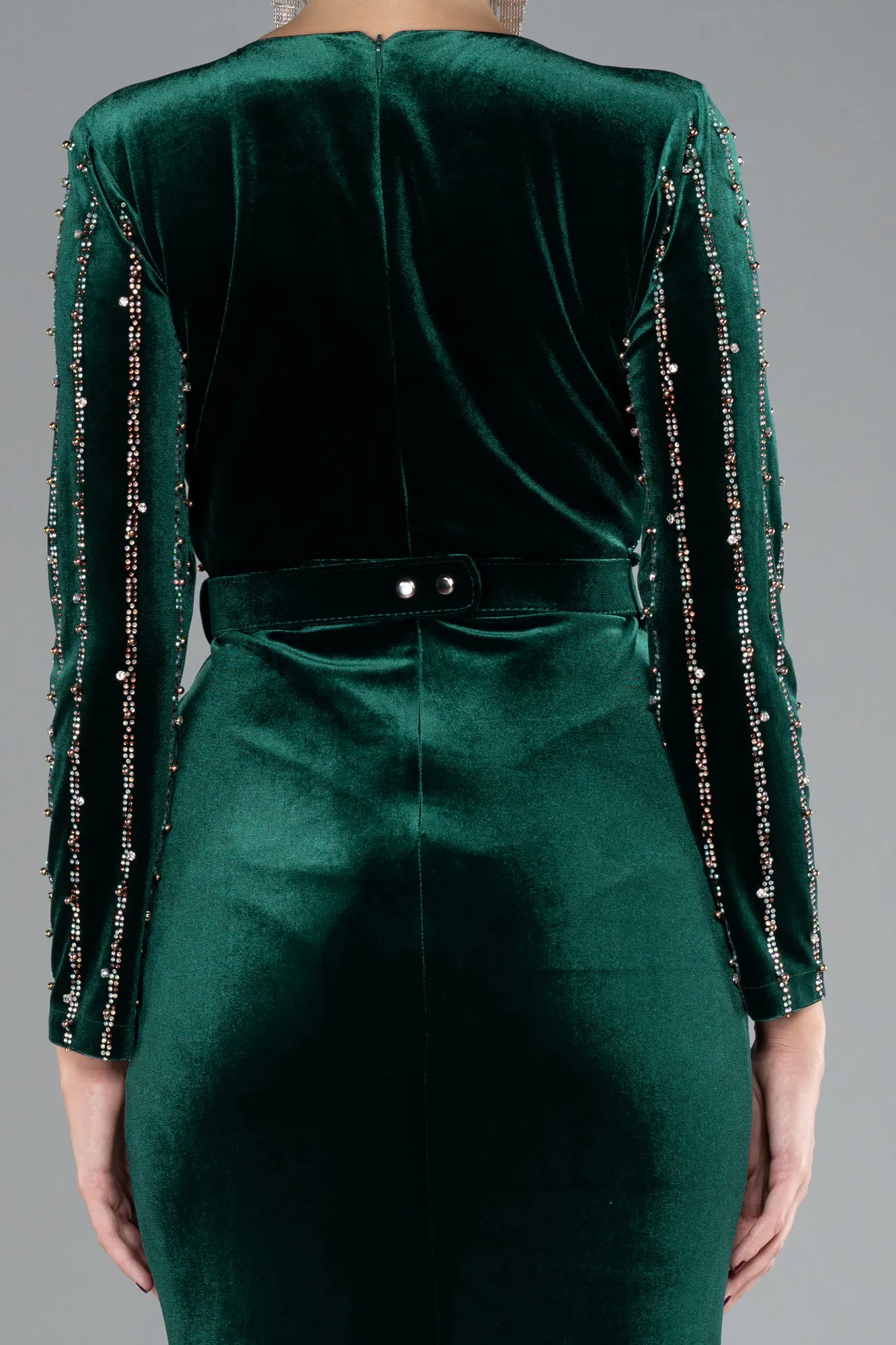 Emerald Green-Stoned Long Sleeve Velvet Evening Dress ABU4282