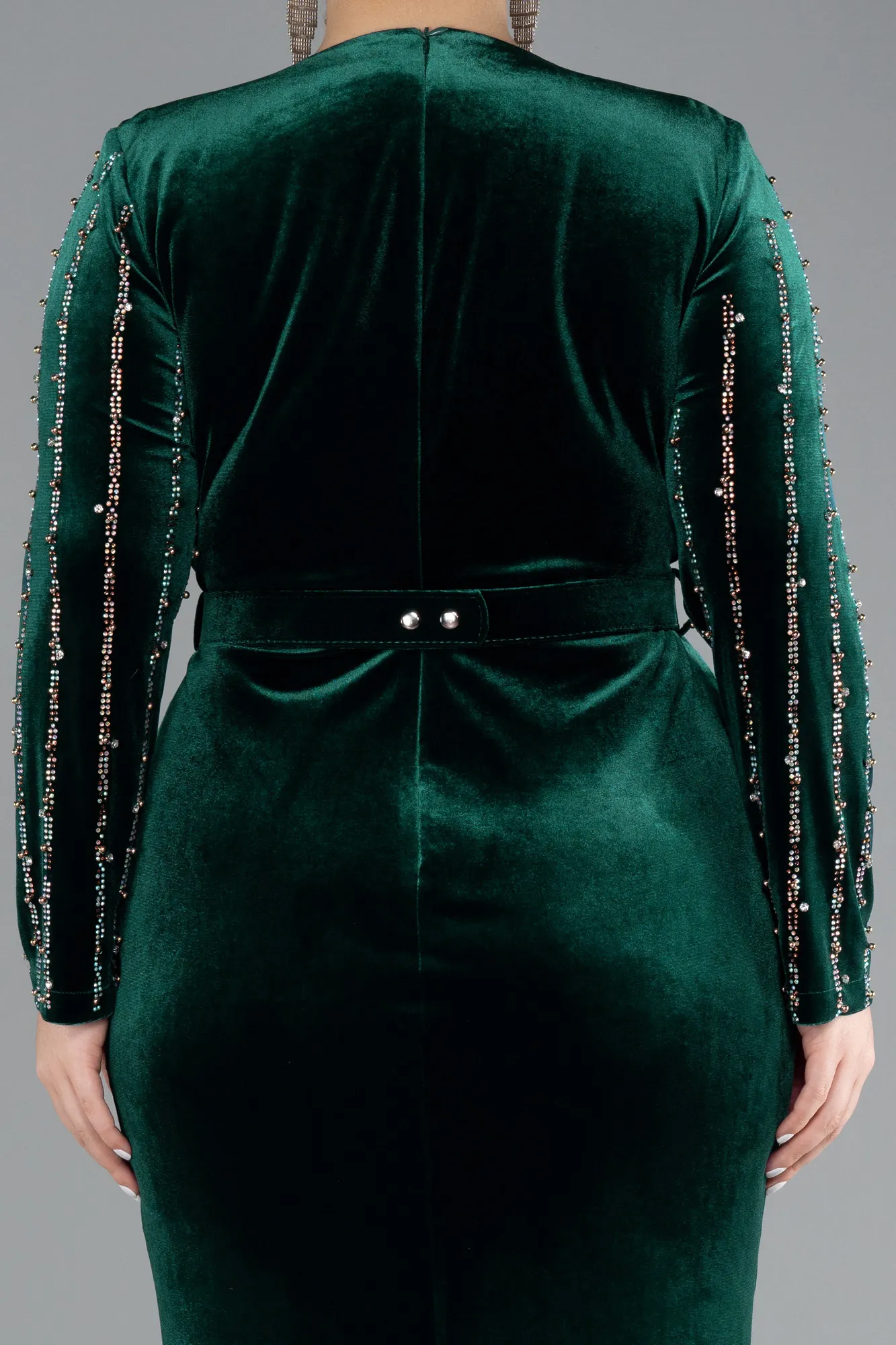 Emerald Green-Stoned Long Sleeve Velvet Oversized Evening Dress ABU4277